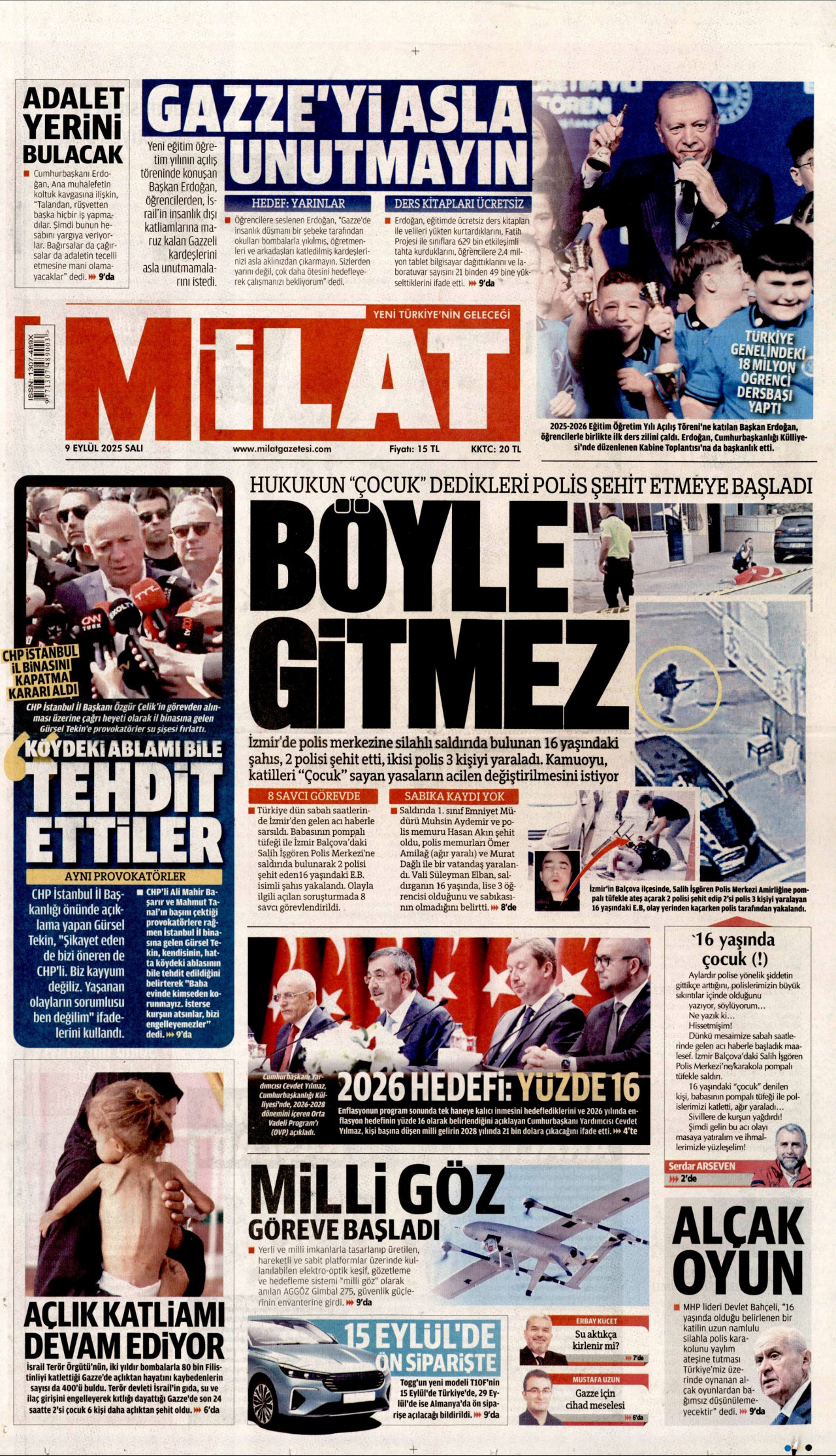 MİLAT gazetesinin 9 Eylül 2025 tarihli birinci sayfası