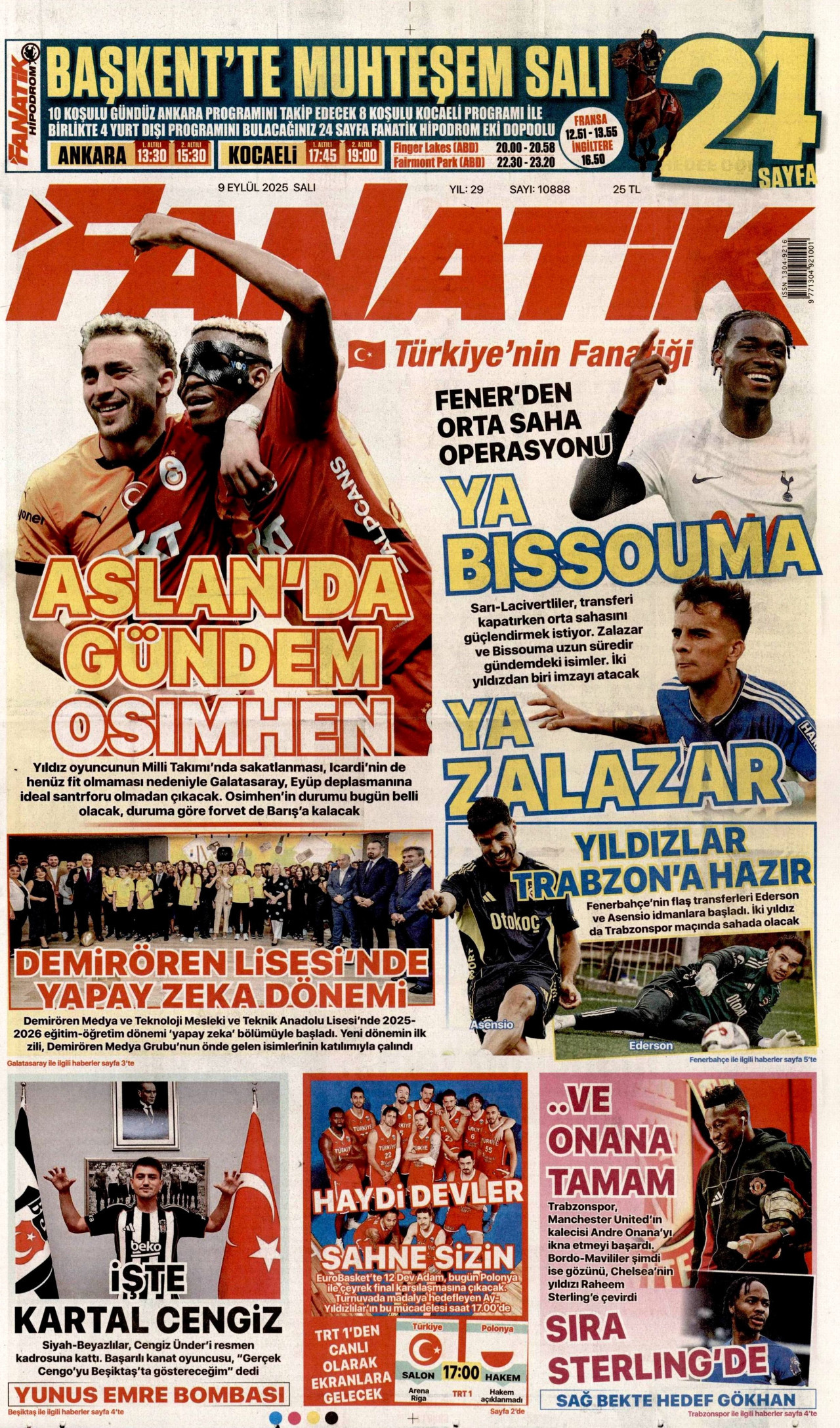 FANATİK gazetesinin 9 Eylül 2025 tarihli birinci sayfası