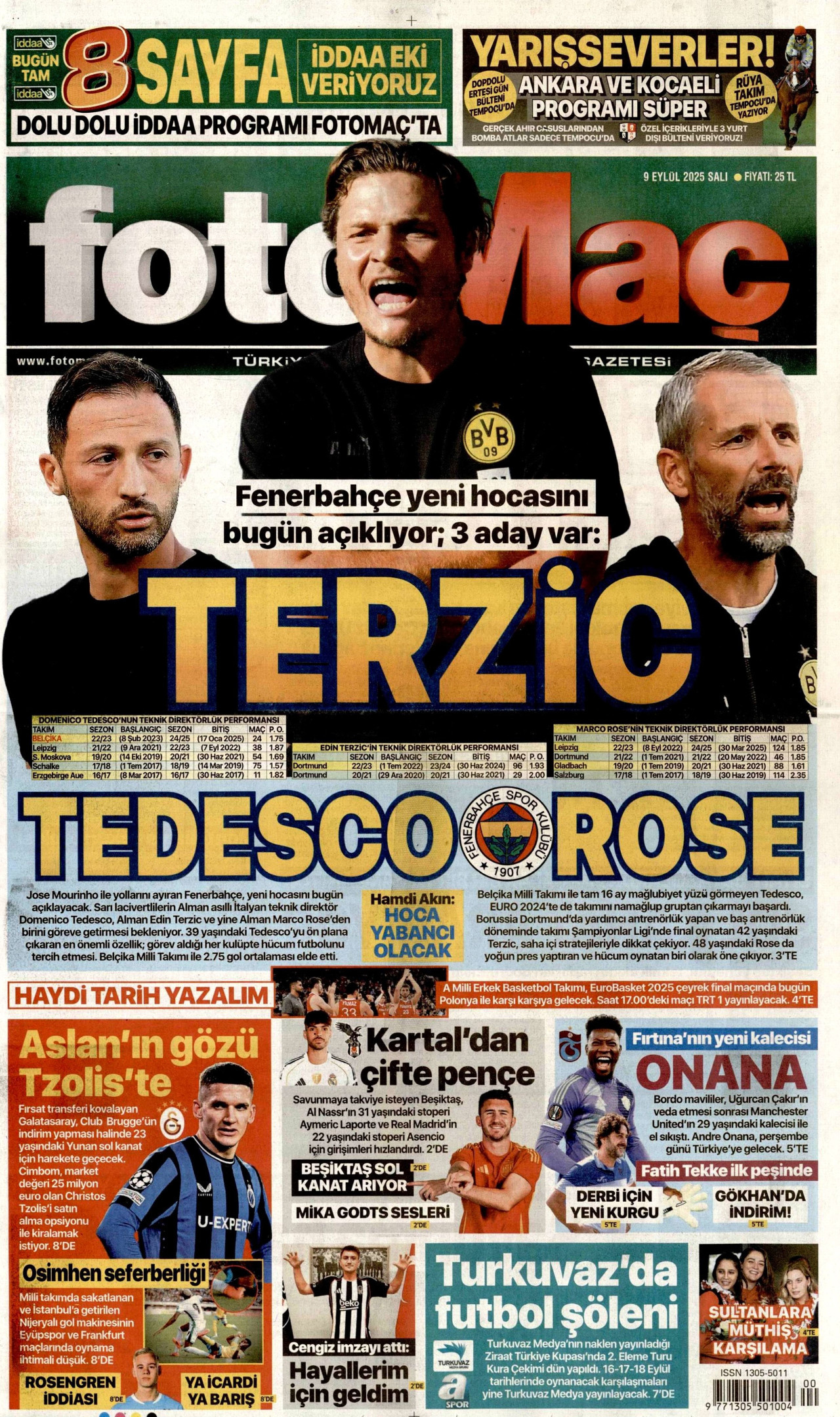 FOTOMAÇ gazetesinin 9 Eylül 2025 tarihli birinci sayfası
