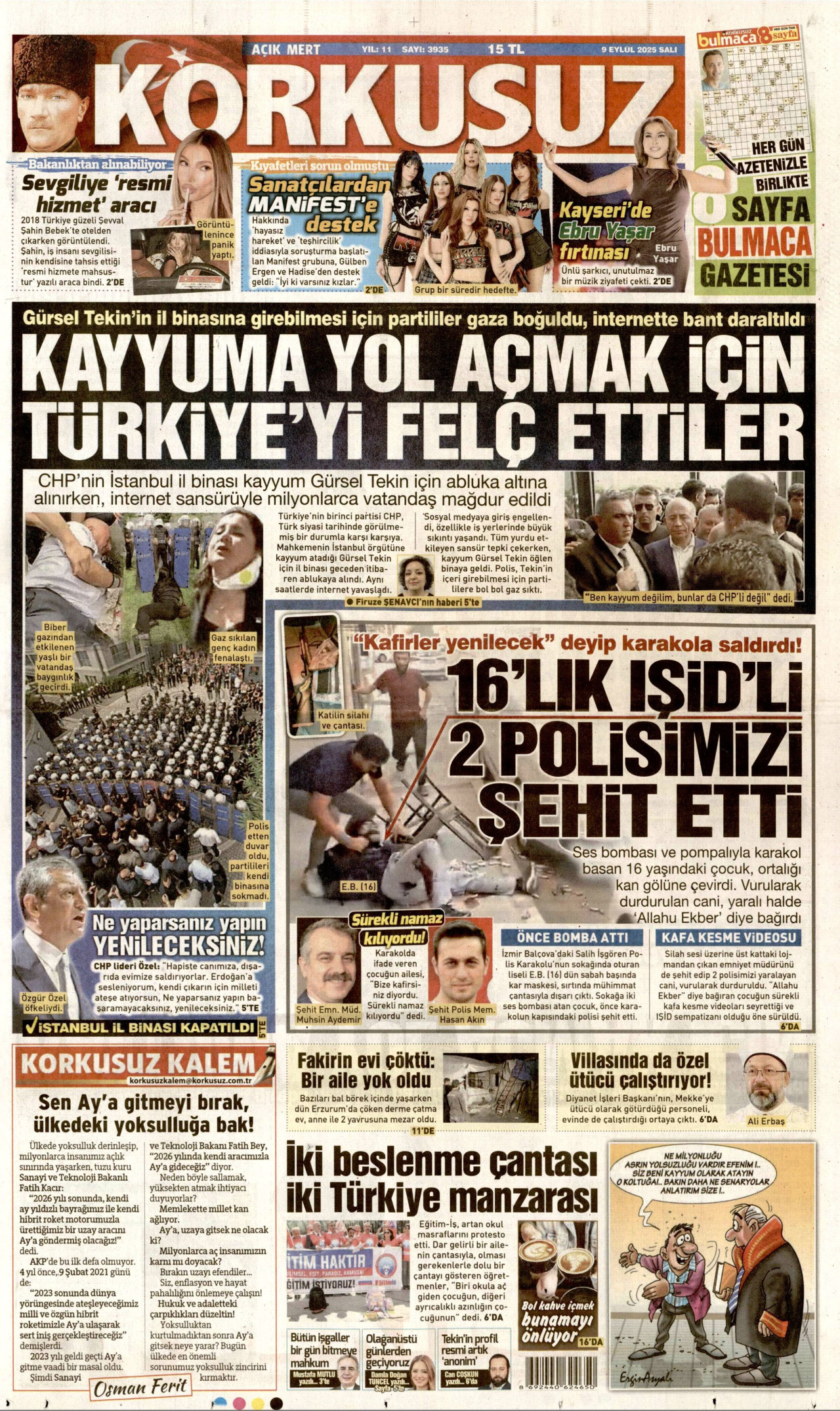 KORKUSUZ gazetesinin 9 Eylül 2025 tarihli birinci sayfası