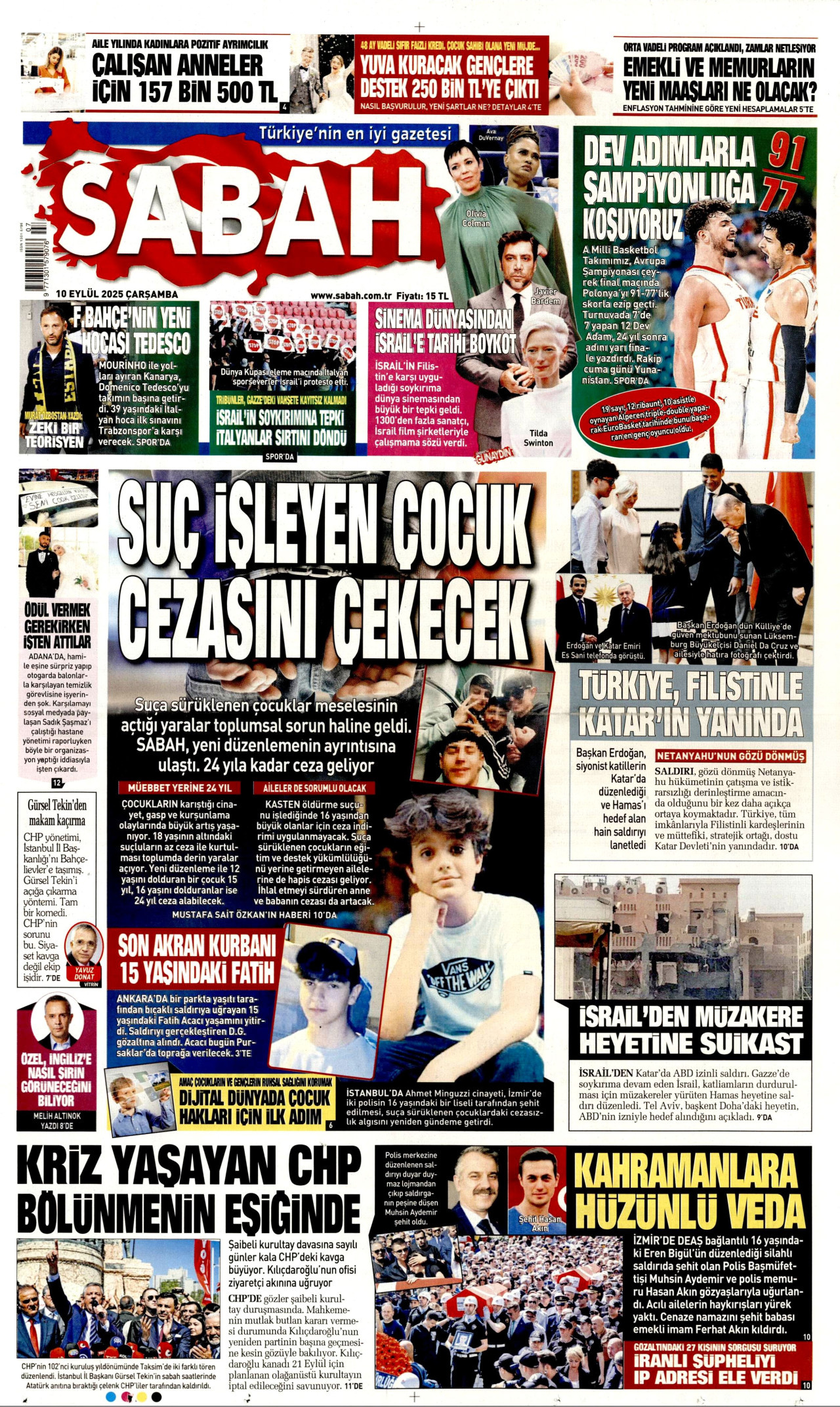 SABAH gazetesinin 10 Eylül 2025 tarihli birinci sayfası