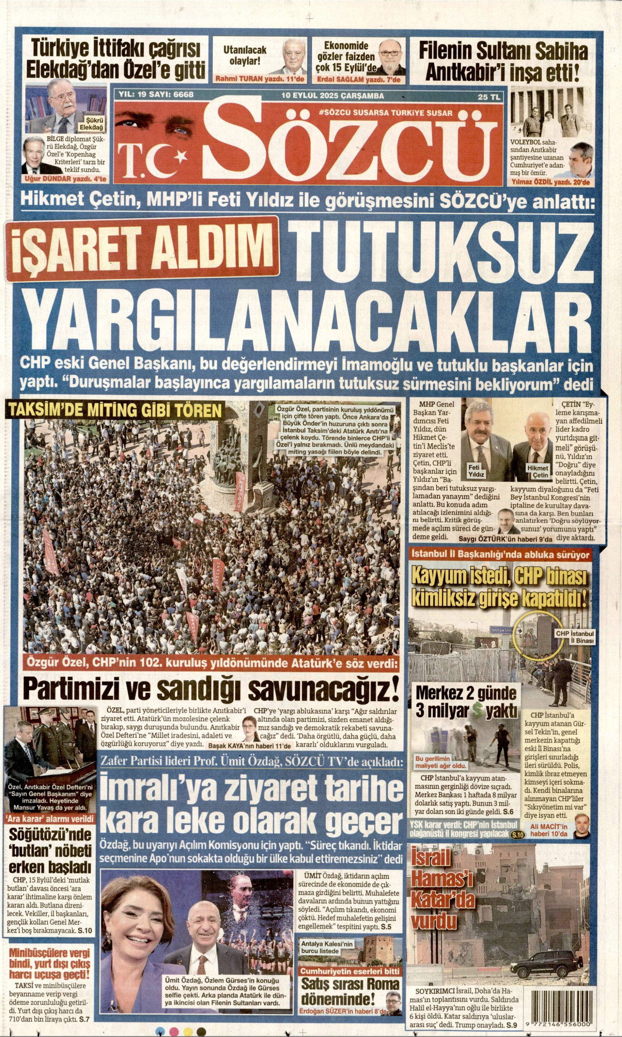 SÖZCÜ gazetesinin 10 Eylül 2025 tarihli birinci sayfası