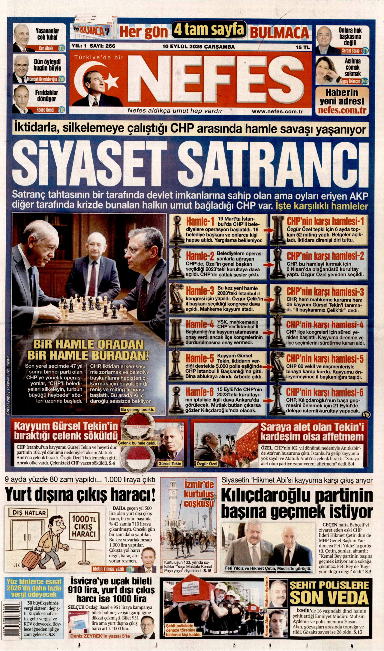 NEFES gazetesinin 10 Eylül 2025 tarihli birinci sayfası