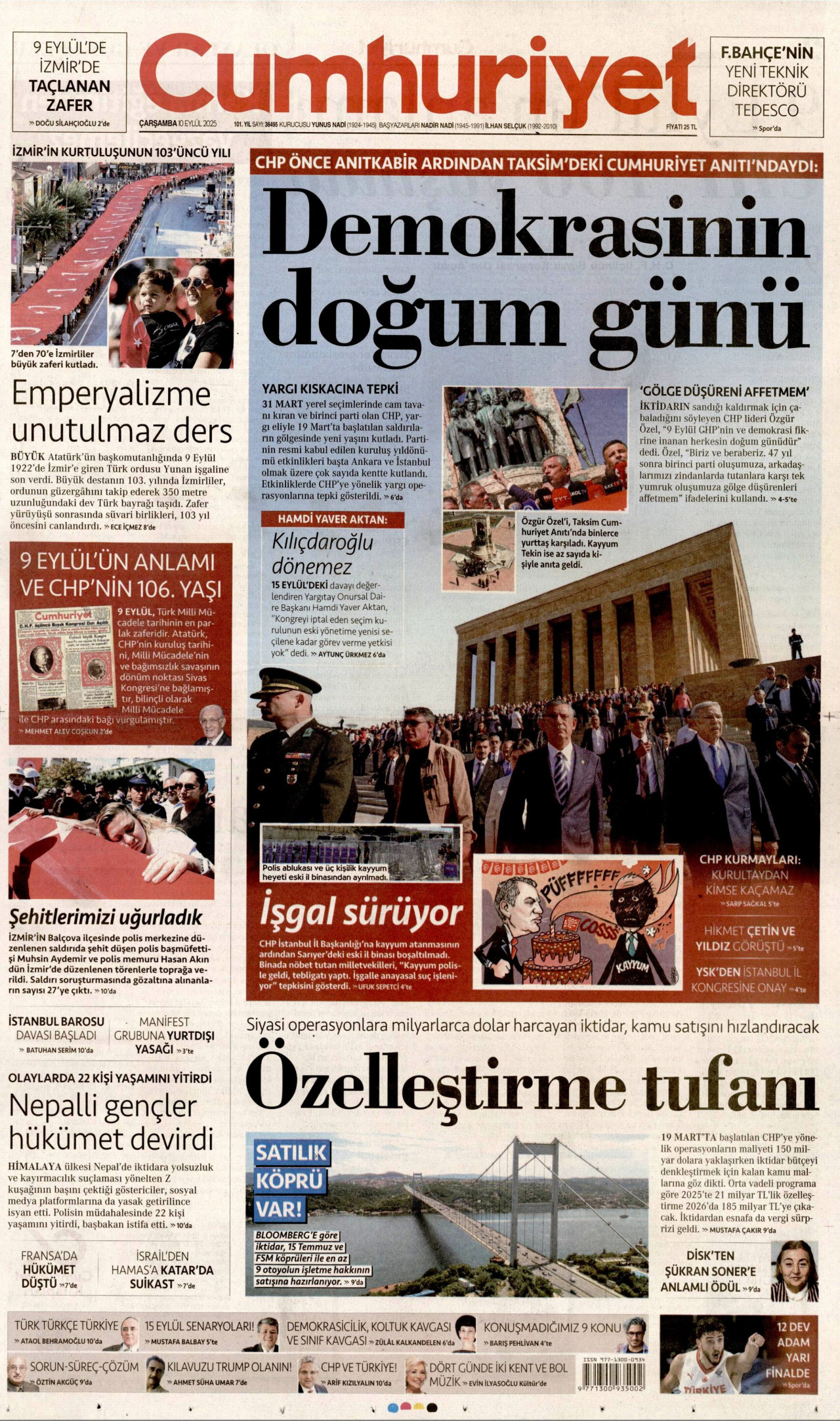 CUMHURİYET gazetesinin 10 Eylül 2025 tarihli birinci sayfası