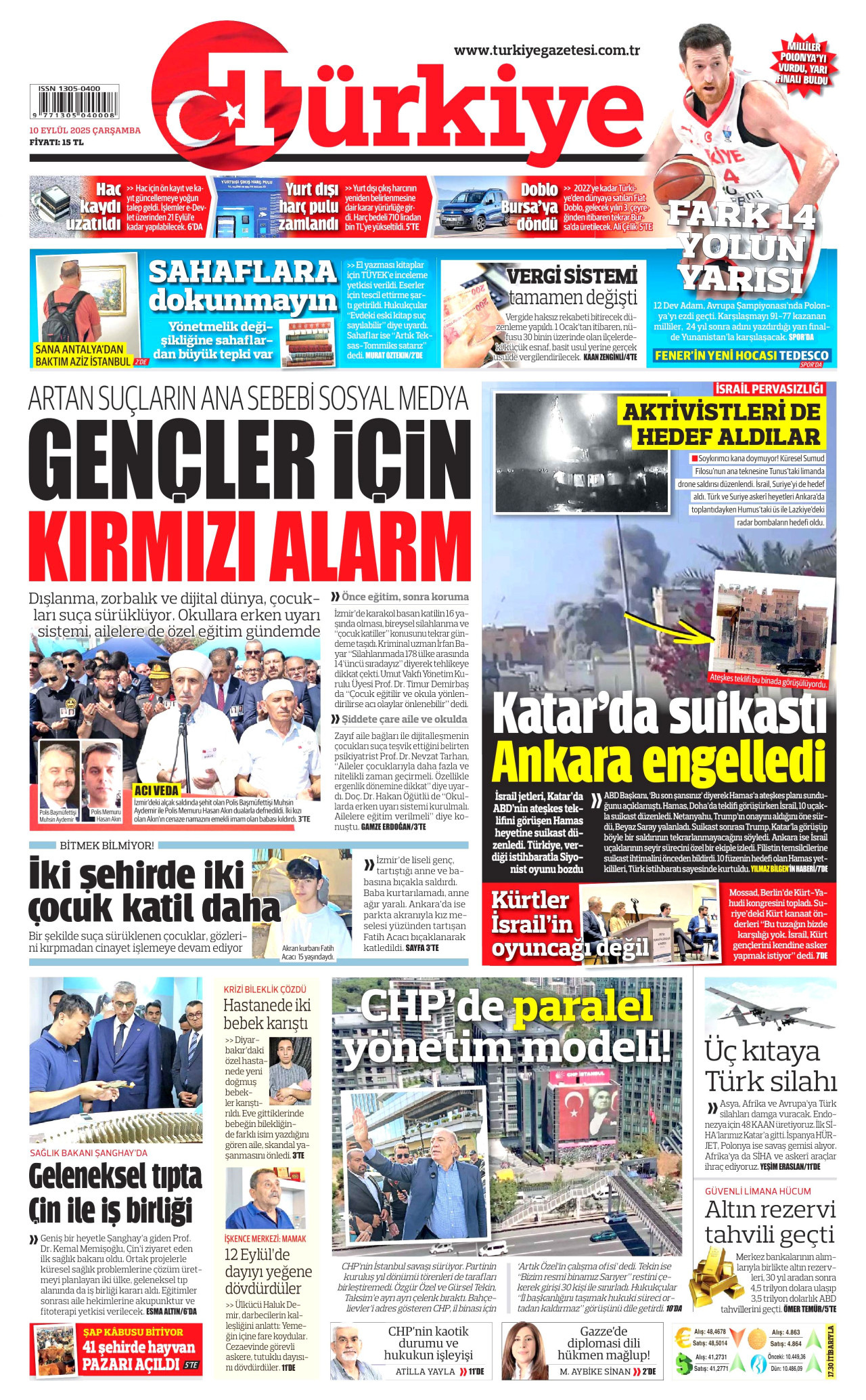 TÜRKİYE GAZETESİ gazetesinin 10 Eylül 2025 tarihli birinci sayfası
