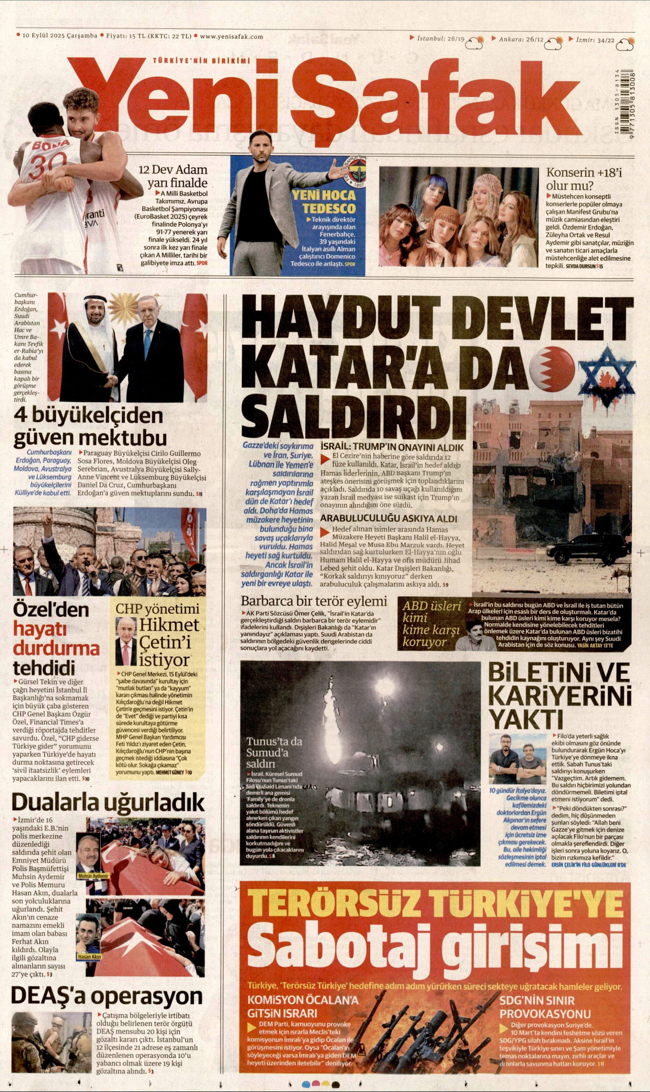 YENİ ŞAFAK gazetesinin 10 Eylül 2025 tarihli birinci sayfası