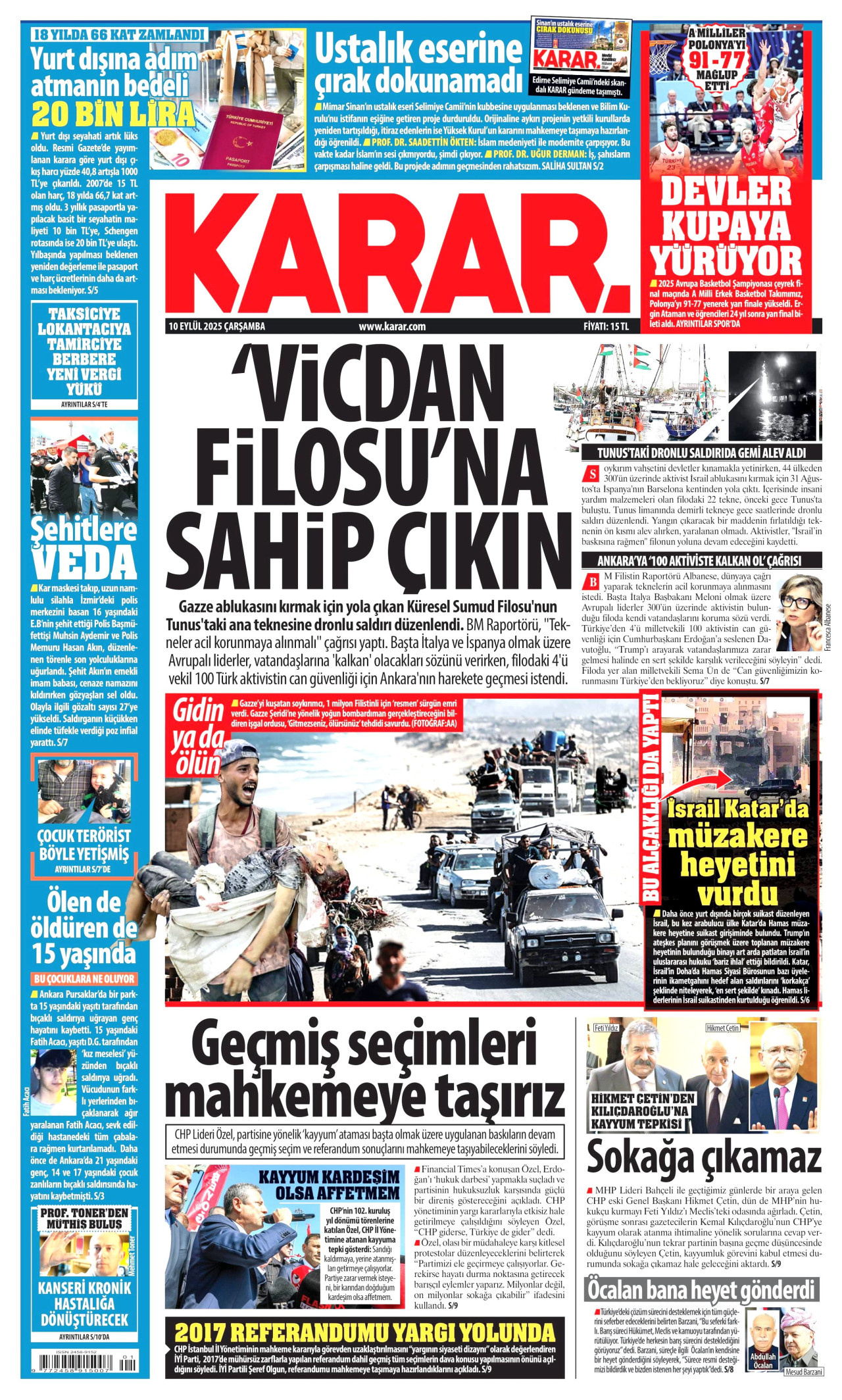 KARAR gazetesinin 10 Eylül 2025 tarihli birinci sayfası