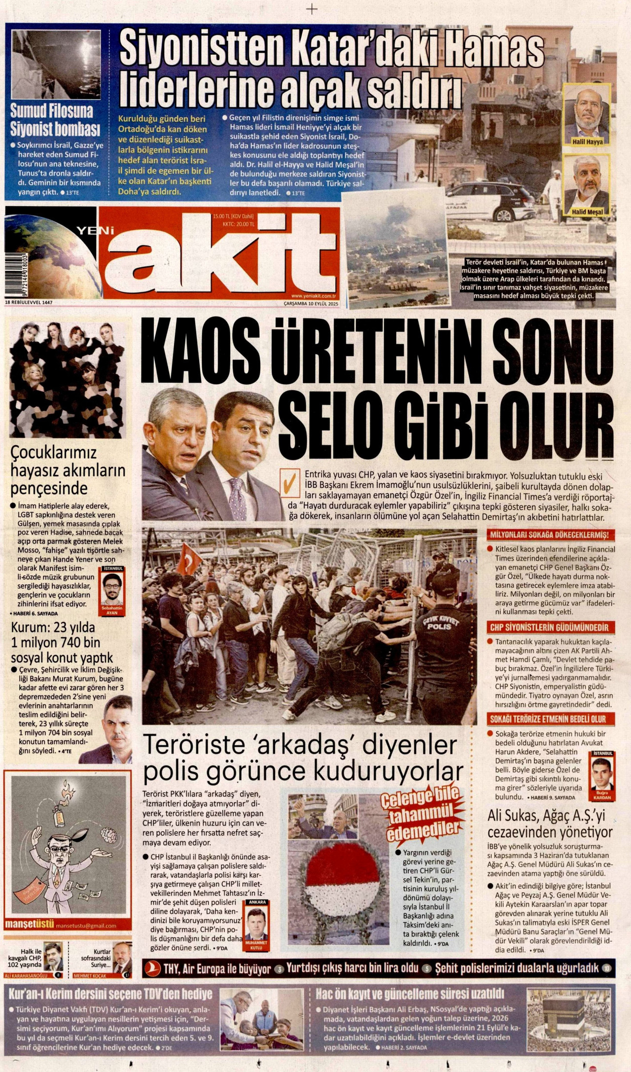 YENİ AKİT gazetesinin 10 Eylül 2025 tarihli birinci sayfası