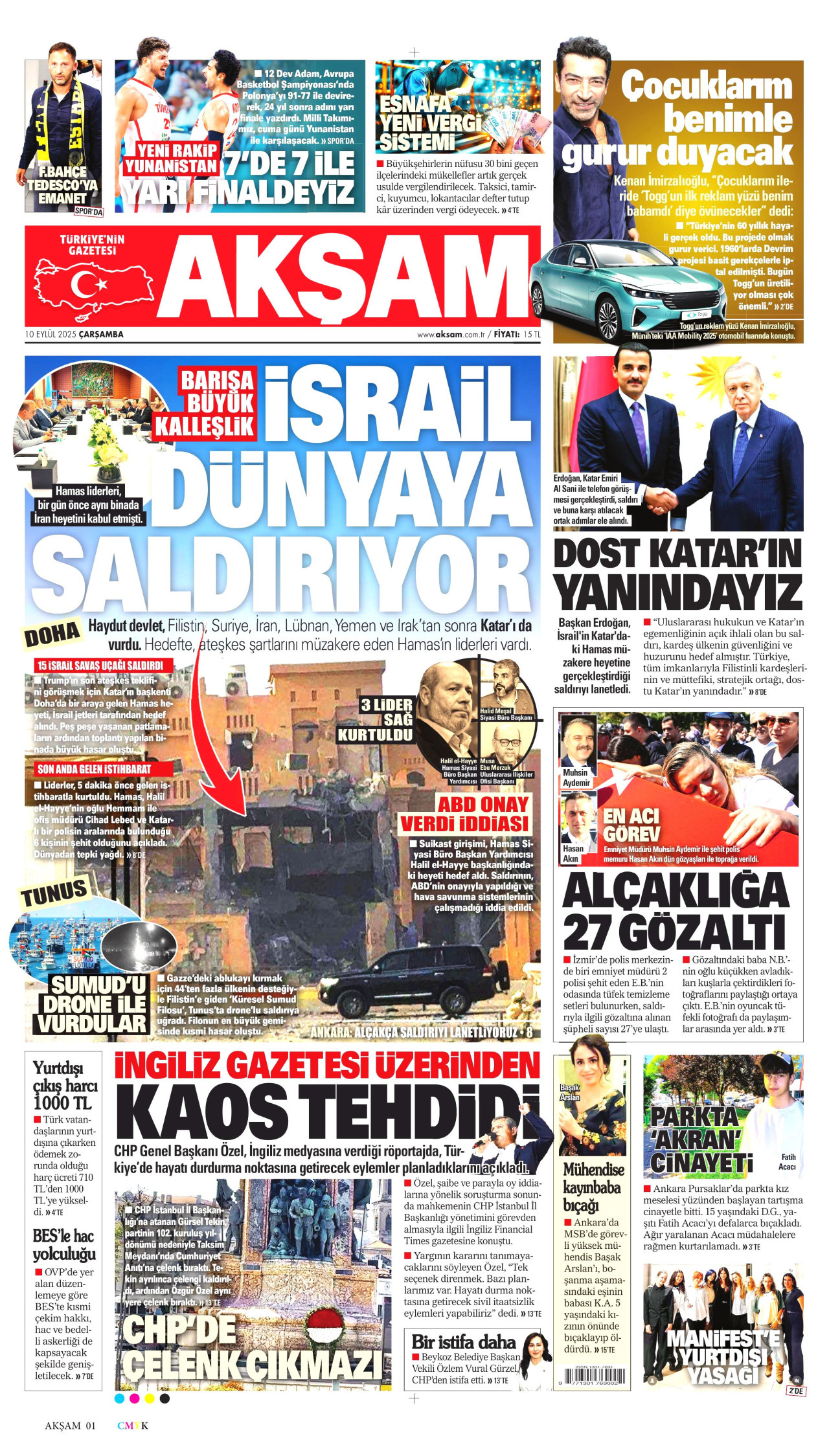 AKŞAM gazetesinin 10 Eylül 2025 tarihli birinci sayfası
