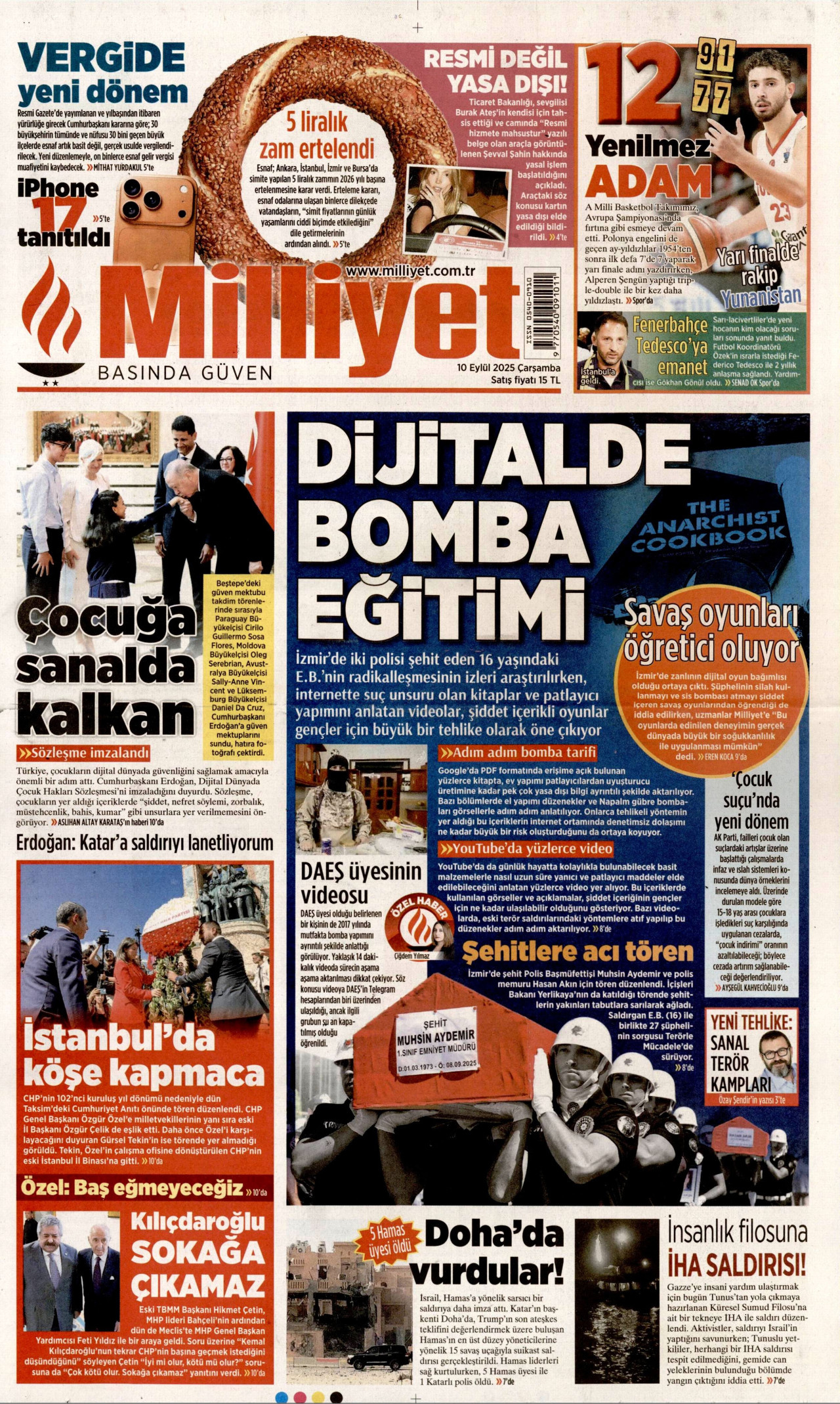 MİLLİYET gazetesinin 10 Eylül 2025 tarihli birinci sayfası