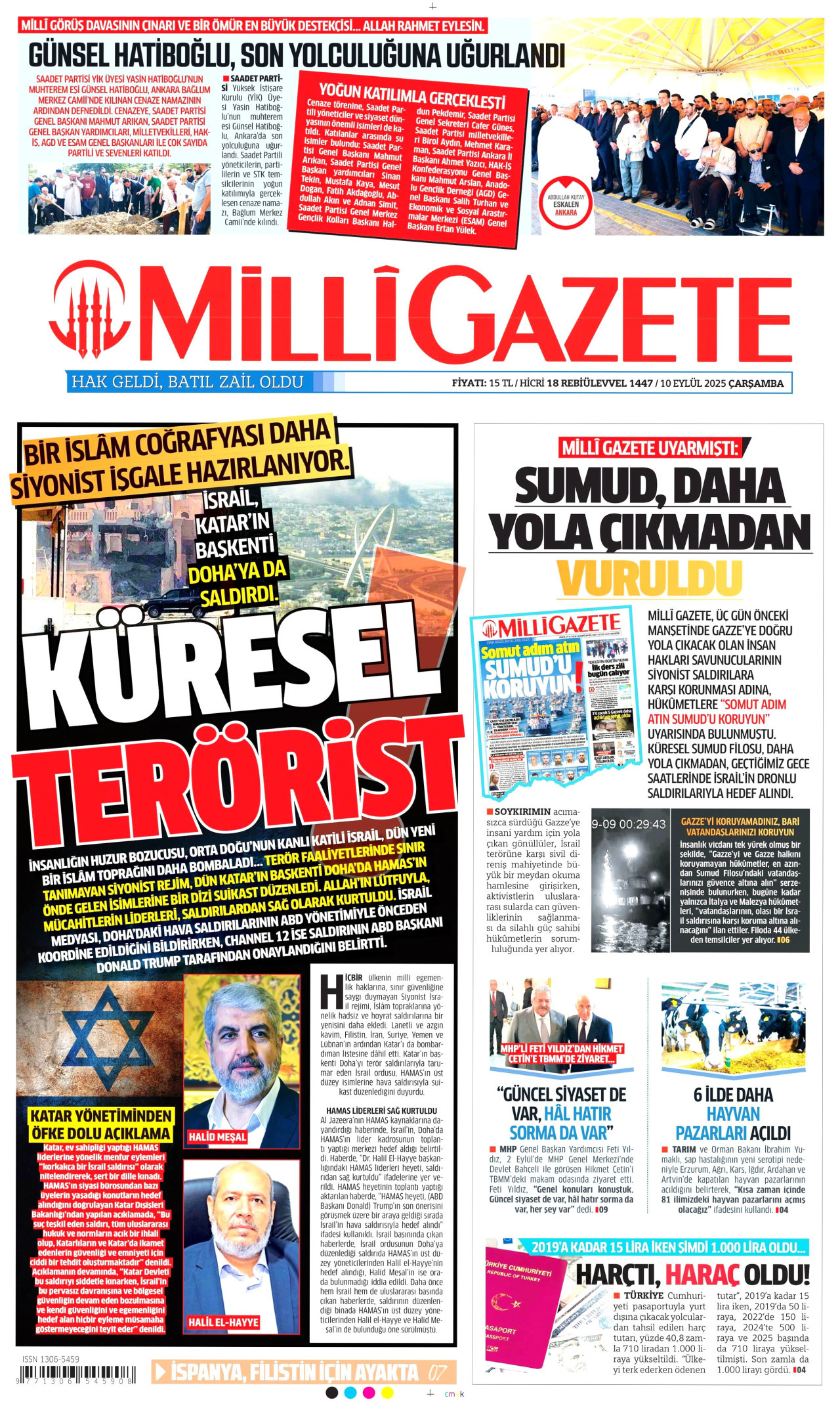 MİLLİ GAZETE gazetesinin 10 Eylül 2025 tarihli birinci sayfası