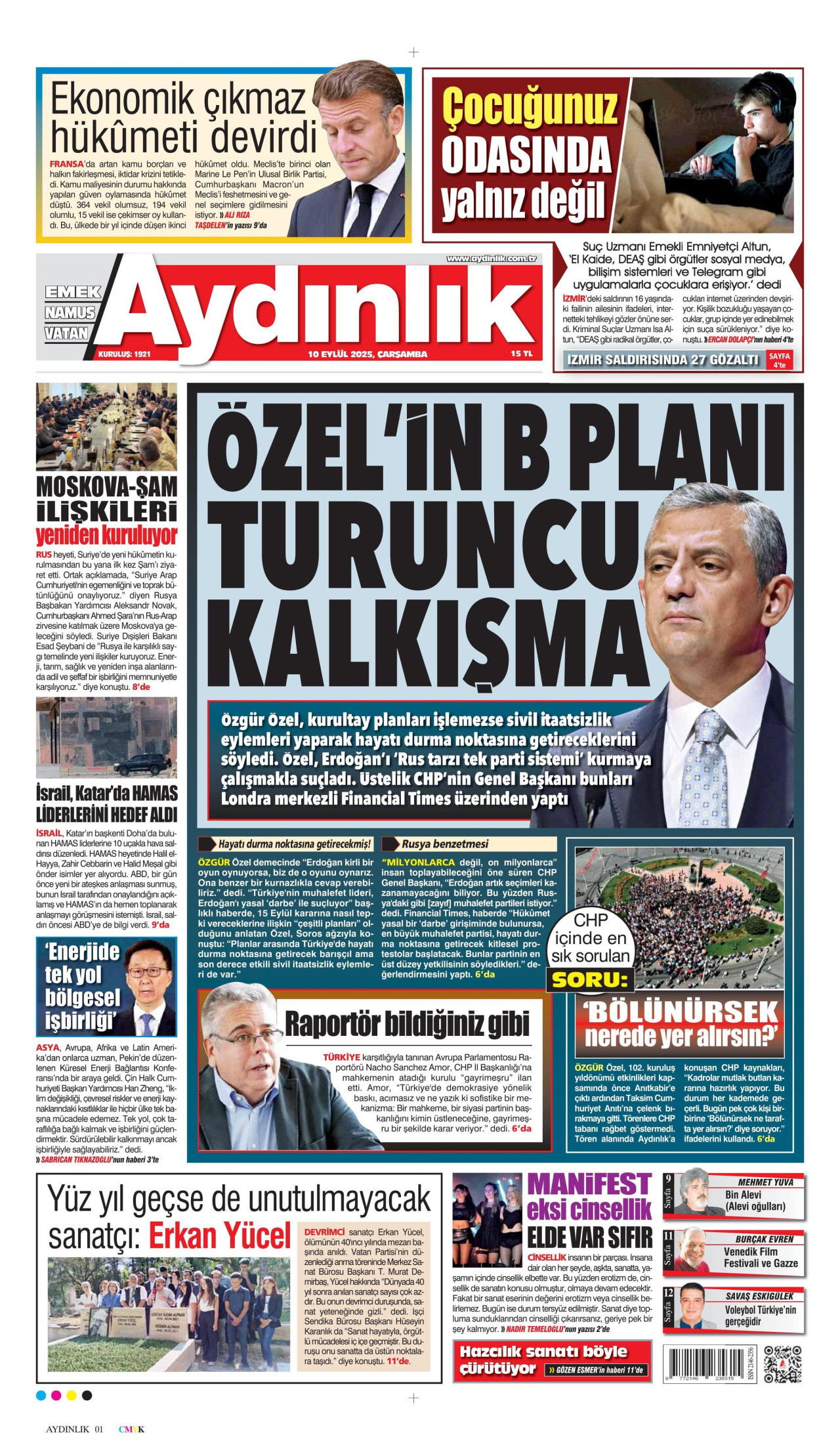 AYDINLIK GAZETESİ gazetesinin 10 Eylül 2025 tarihli birinci sayfası