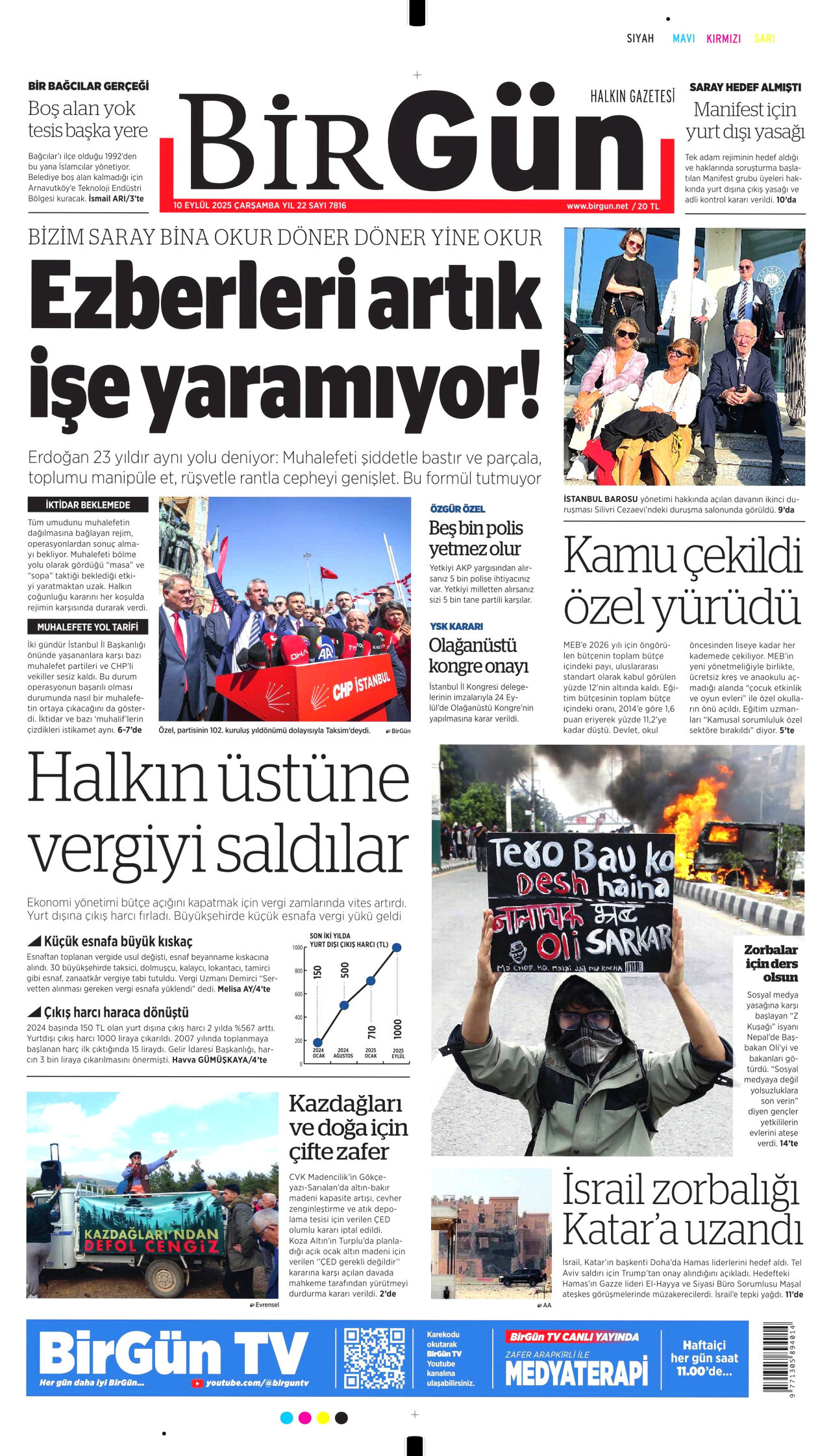 BİRGÜN gazetesinin 10 Eylül 2025 tarihli birinci sayfası