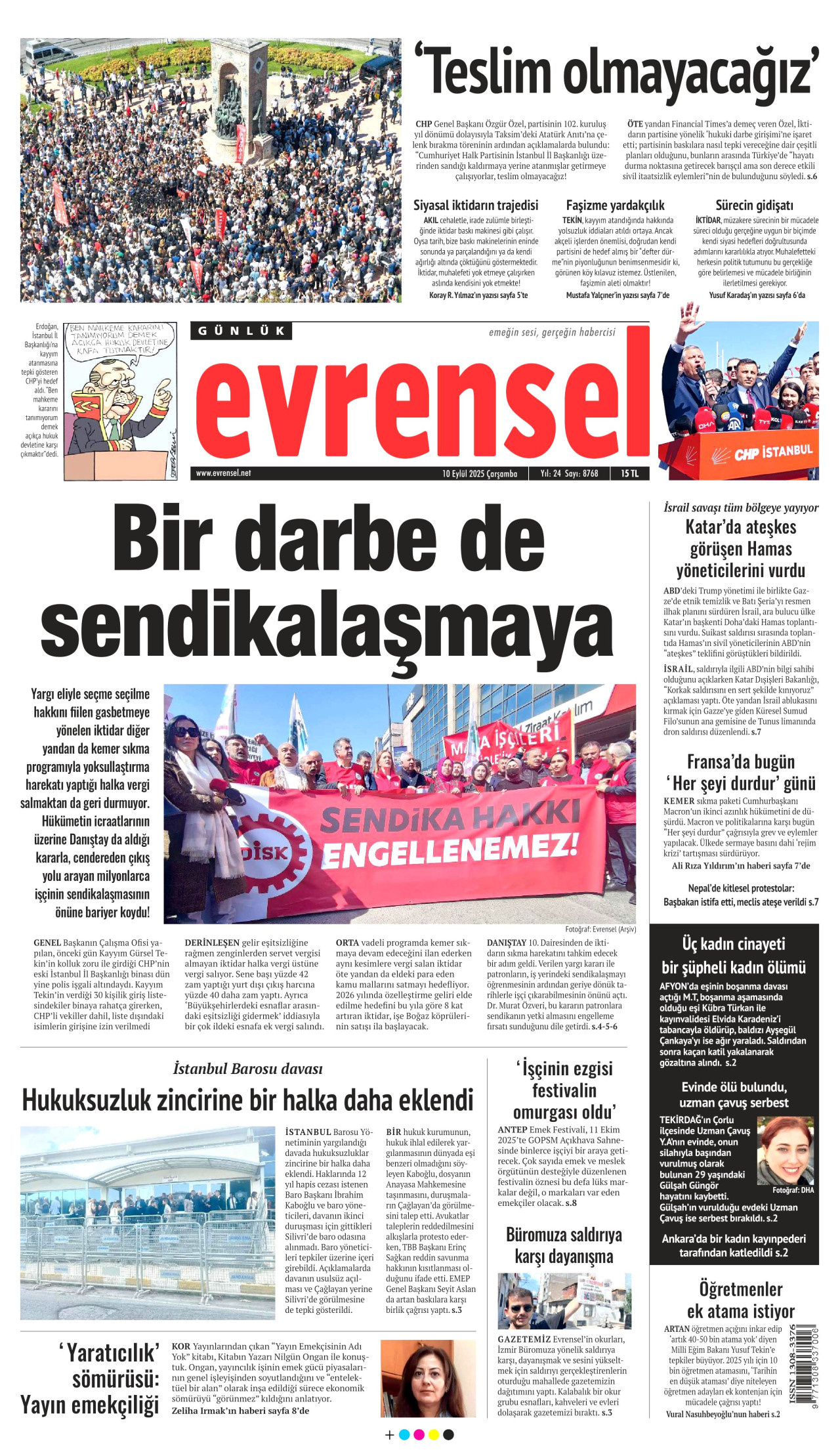 EVRENSEL gazetesinin 10 Eylül 2025 tarihli birinci sayfası