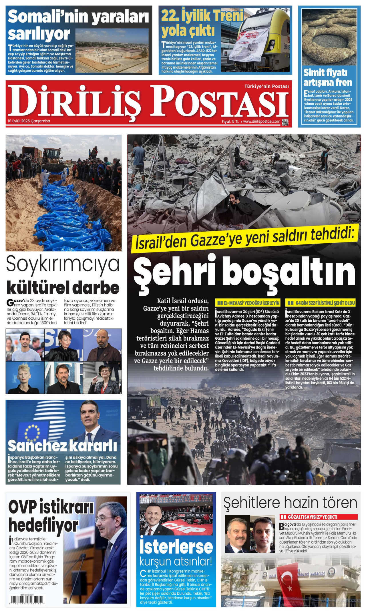 DİRİLİŞ POSTASI gazetesinin 10 Eylül 2025 tarihli birinci sayfası