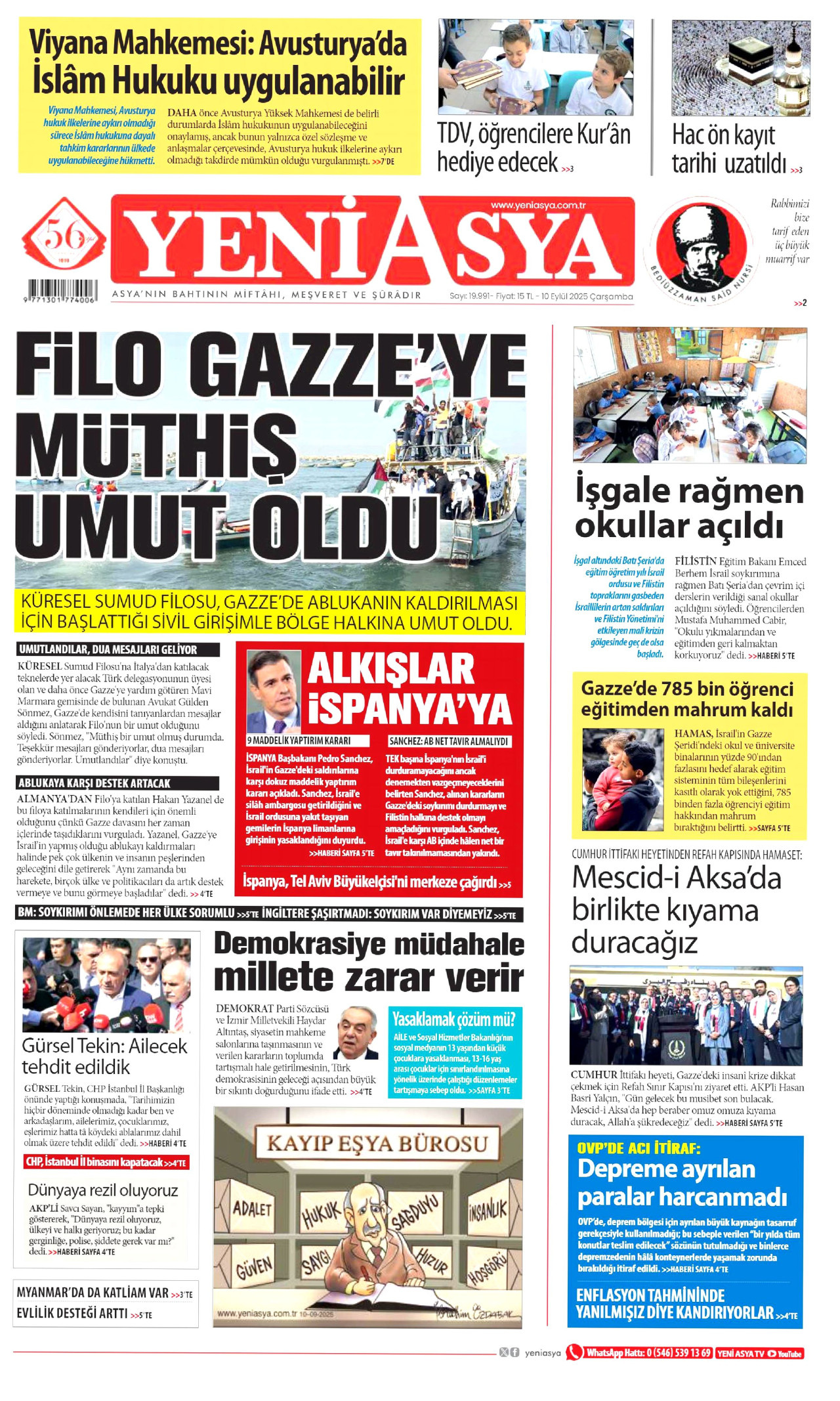 YENİ ASYA gazetesinin 10 Eylül 2025 tarihli birinci sayfası