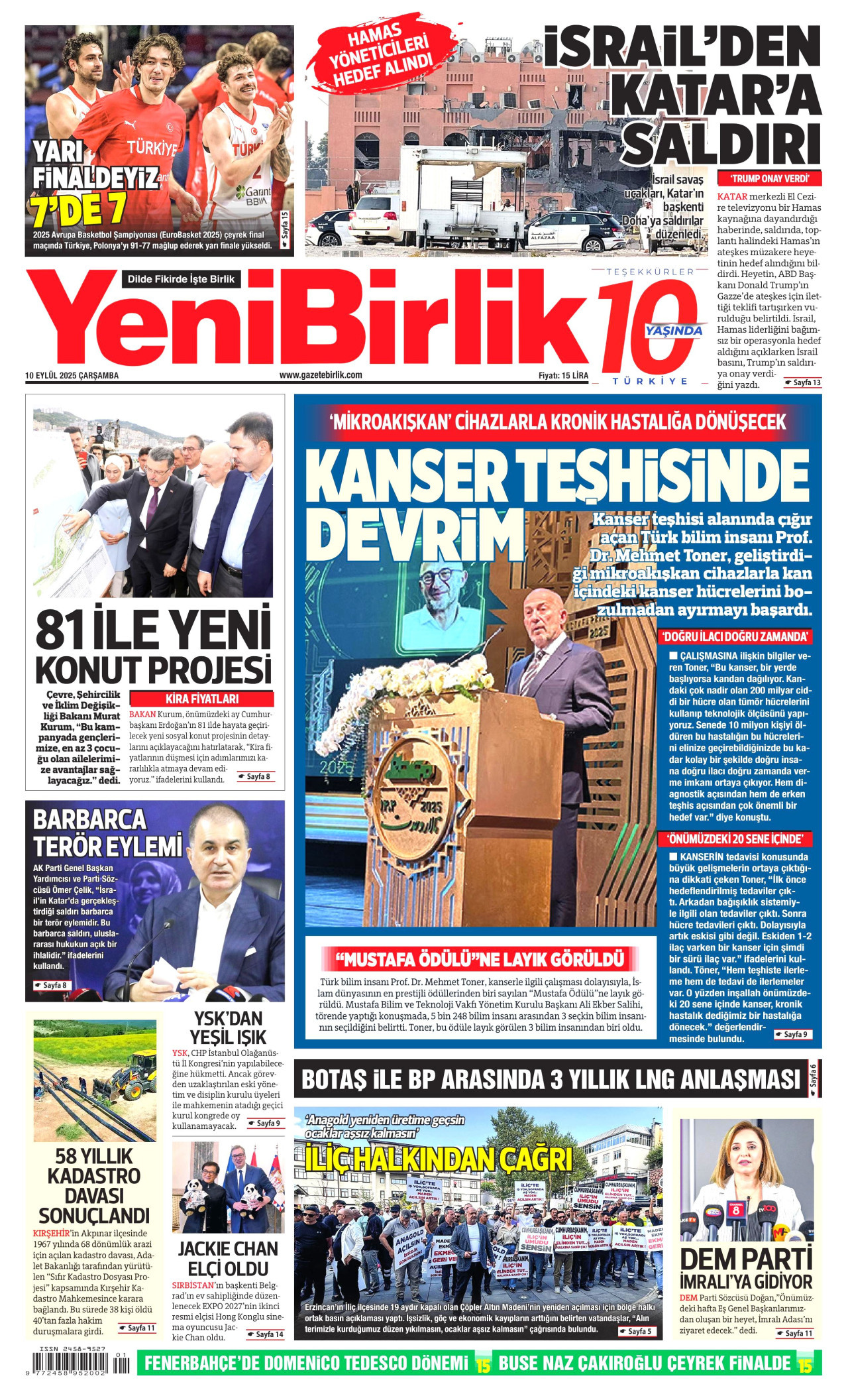 YENİBİRLİK gazetesinin 10 Eylül 2025 tarihli birinci sayfası