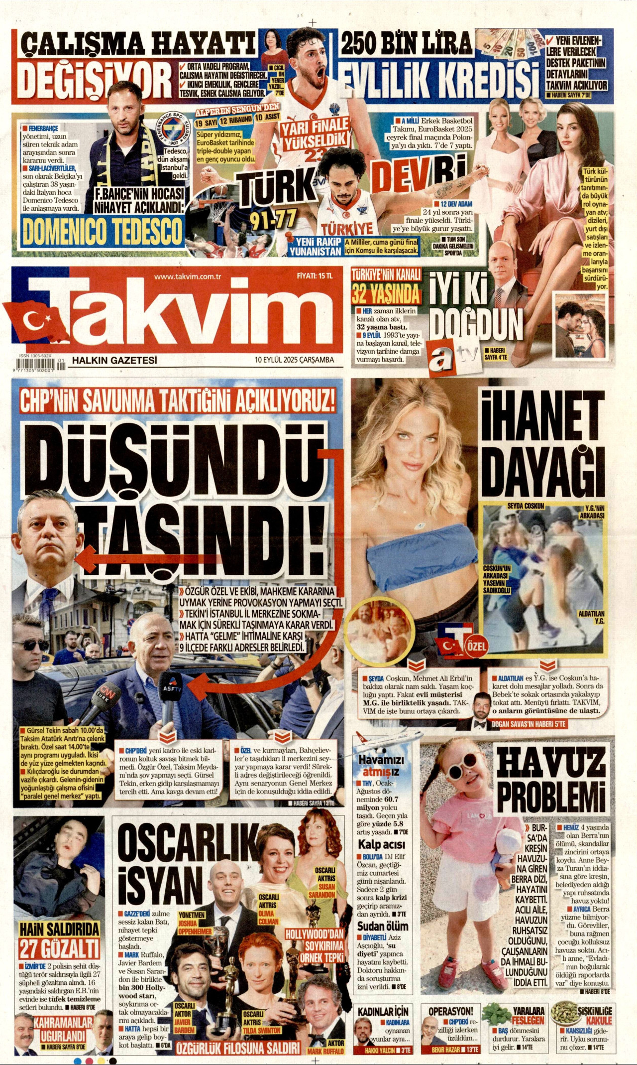 TAKVİM gazetesinin 10 Eylül 2025 tarihli birinci sayfası