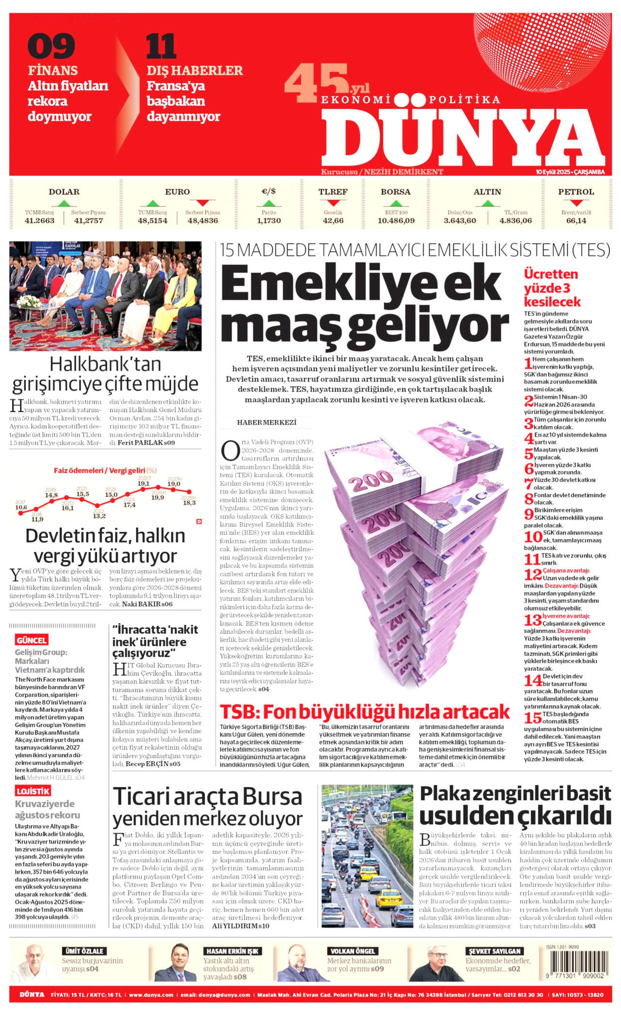 DÜNYA gazetesinin 10 Eylül 2025 tarihli birinci sayfası