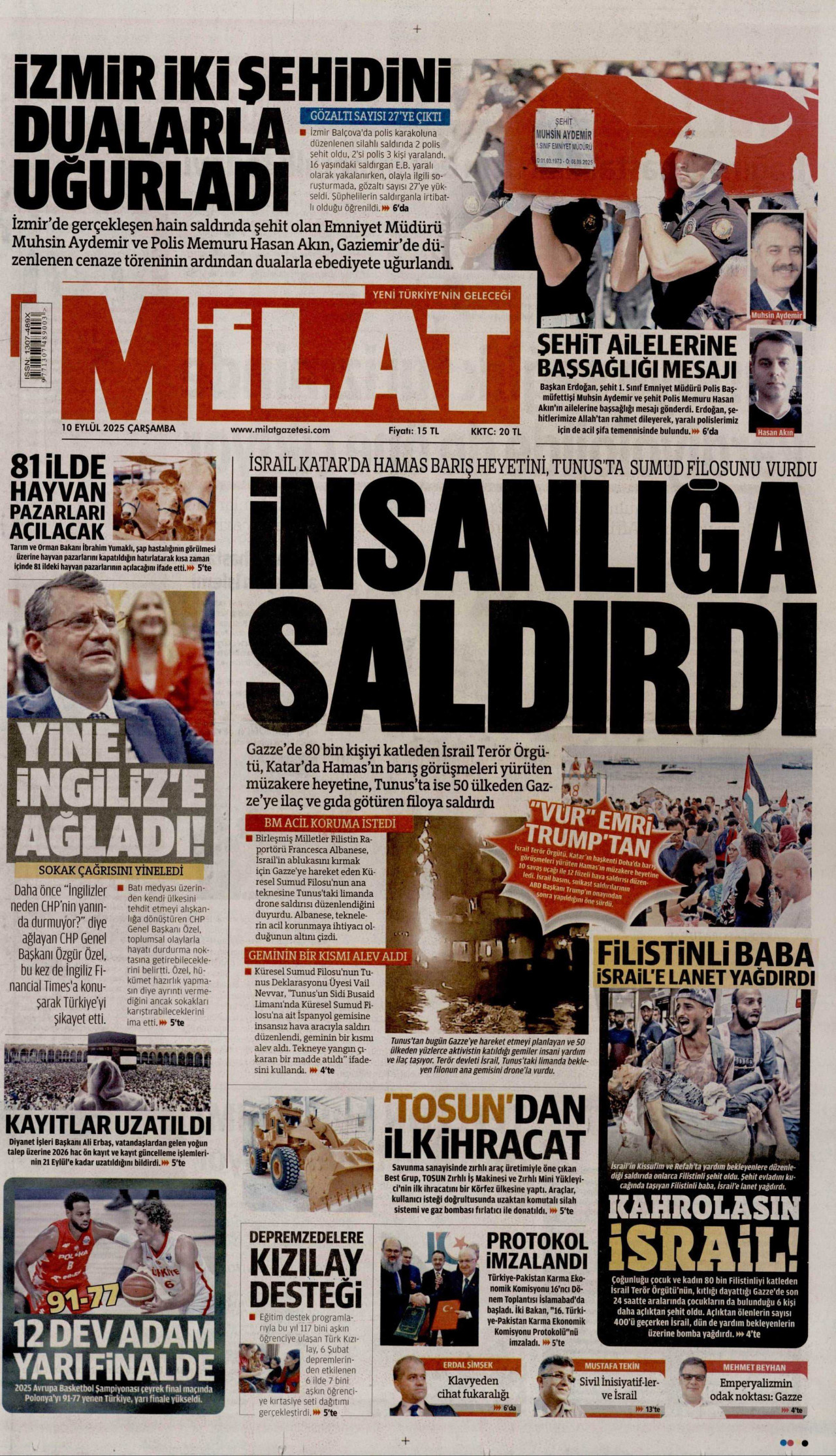 MİLAT gazetesinin 10 Eylül 2025 tarihli birinci sayfası