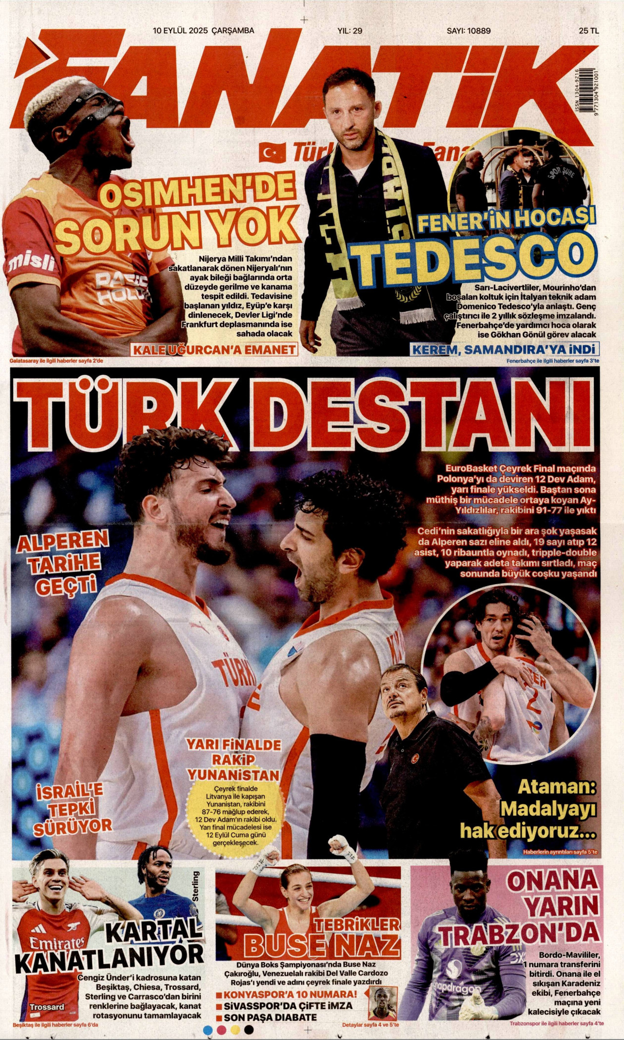 FANATİK gazetesinin 10 Eylül 2025 tarihli birinci sayfası