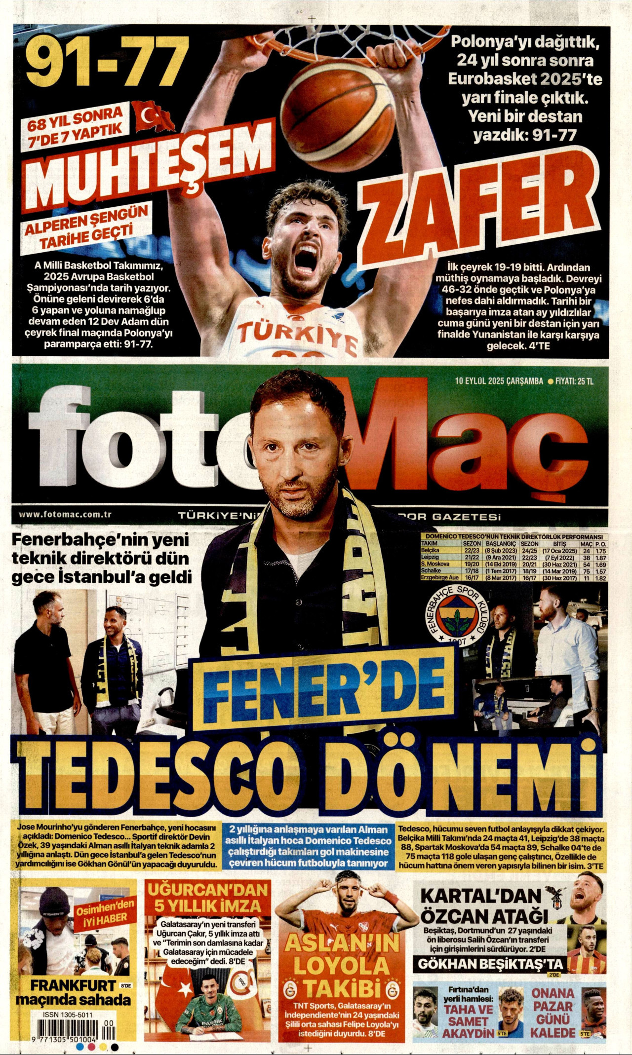 FOTOMAÇ gazetesinin 10 Eylül 2025 tarihli birinci sayfası