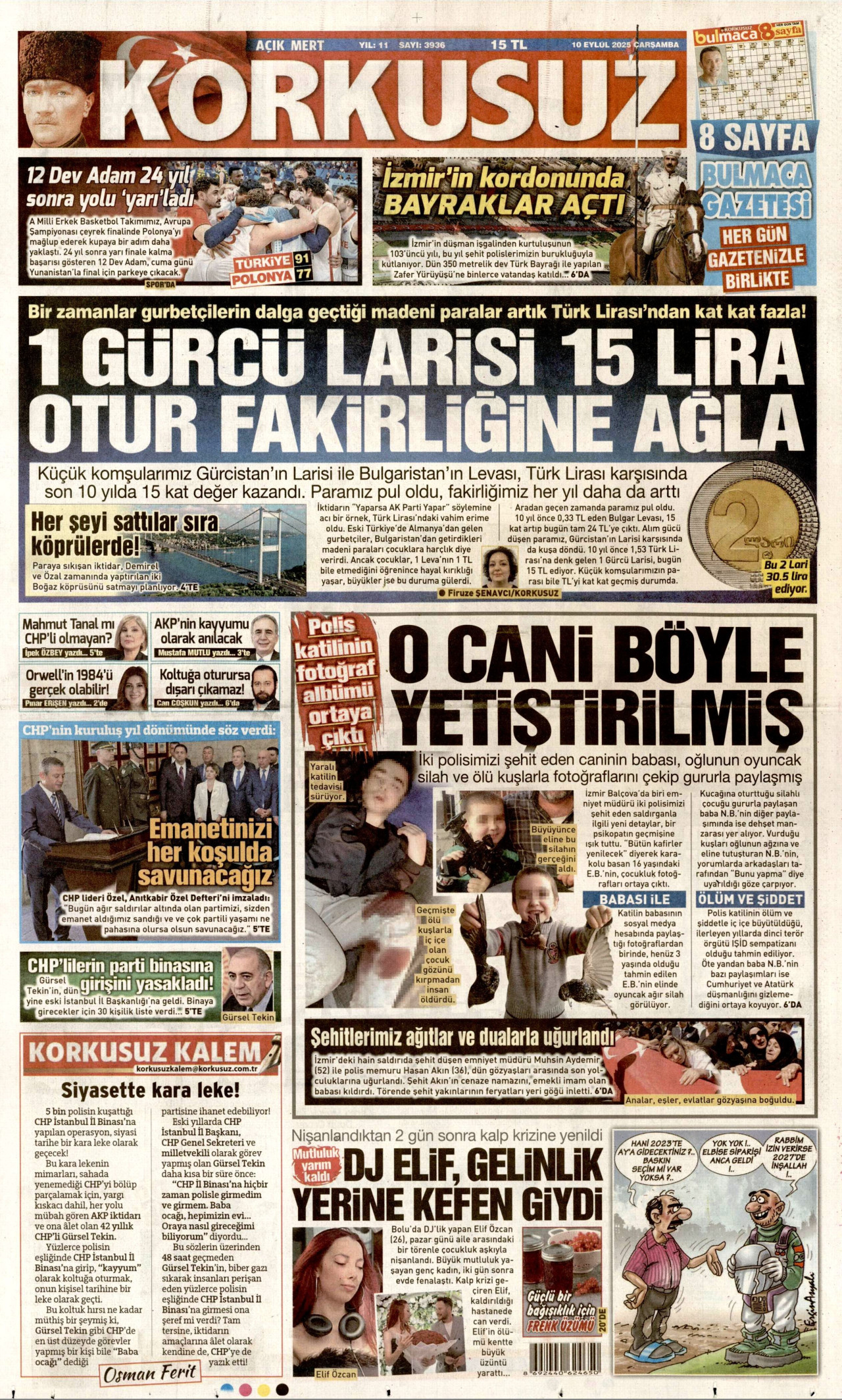 KORKUSUZ gazetesinin 10 Eylül 2025 tarihli birinci sayfası