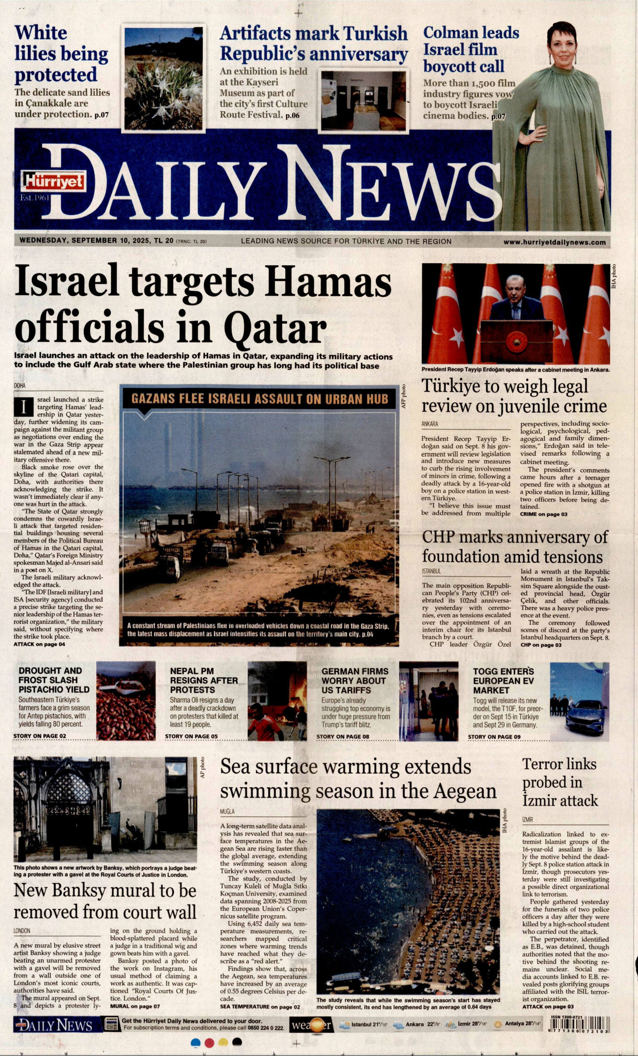 HÜRRİYET DAİLY NEWS gazetesinin 10 Eylül 2025 tarihli birinci sayfası