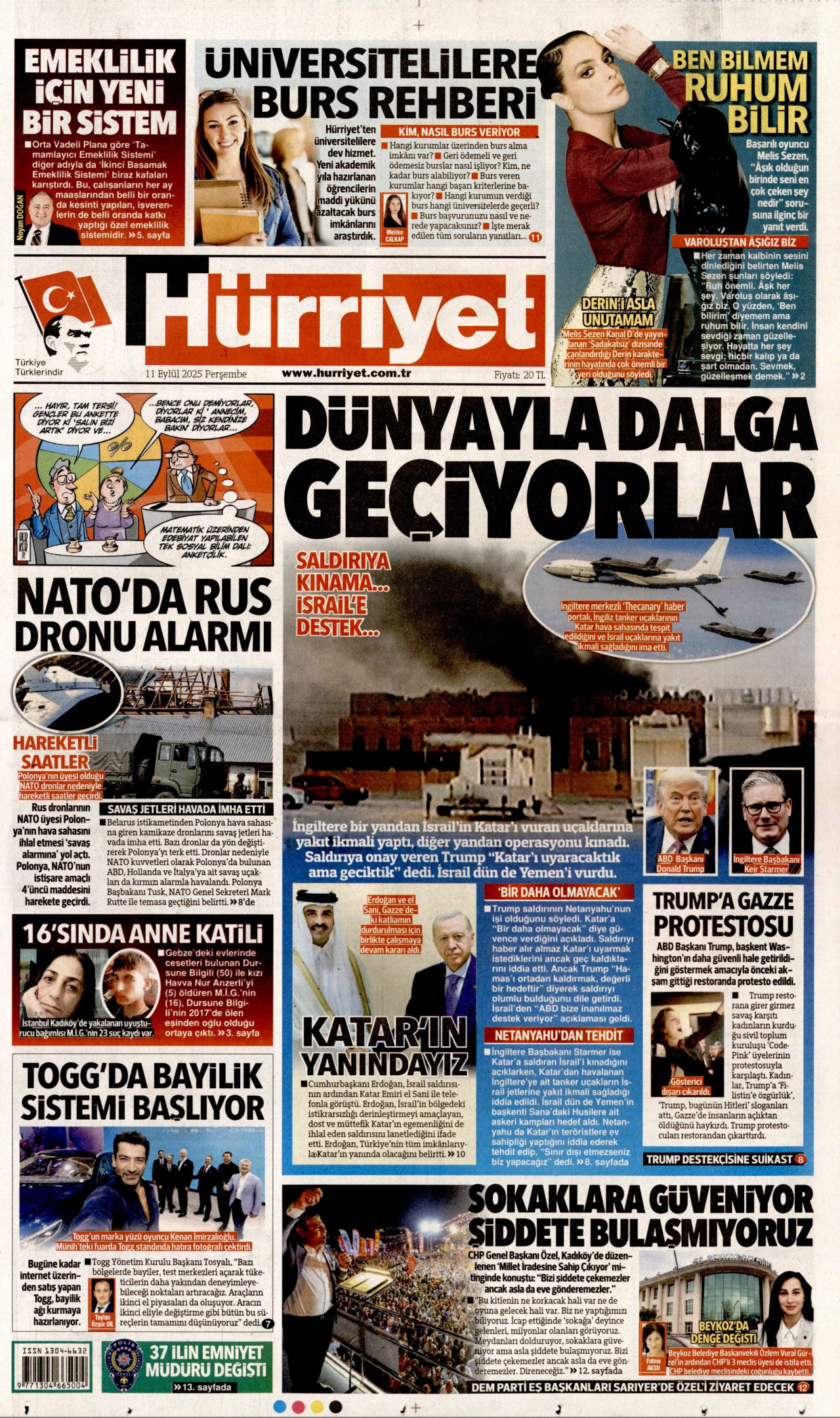 HÜRRİYET gazetesinin 11 Eylül 2025 tarihli birinci sayfası