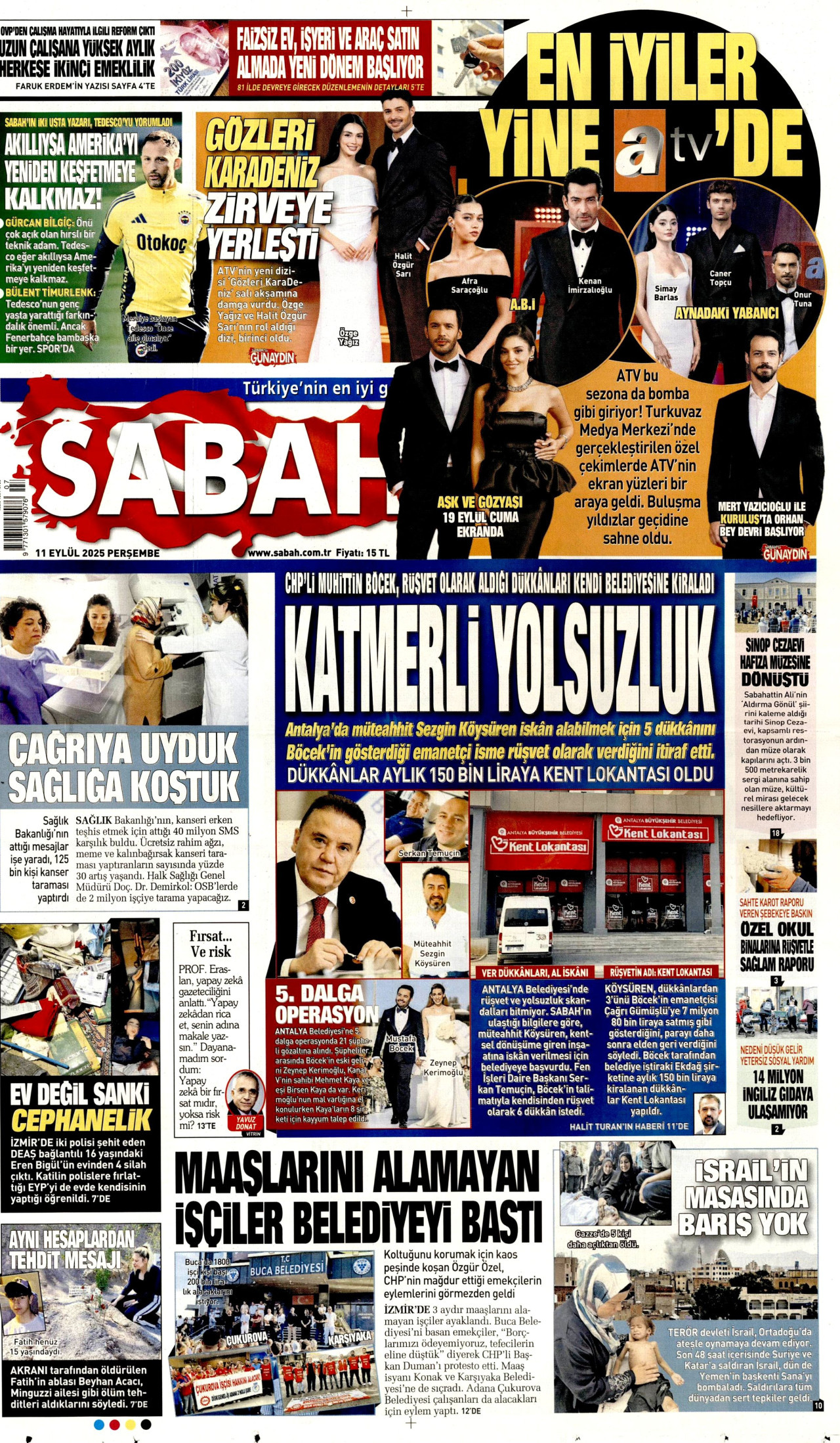 SABAH gazetesinin 11 Eylül 2025 tarihli birinci sayfası