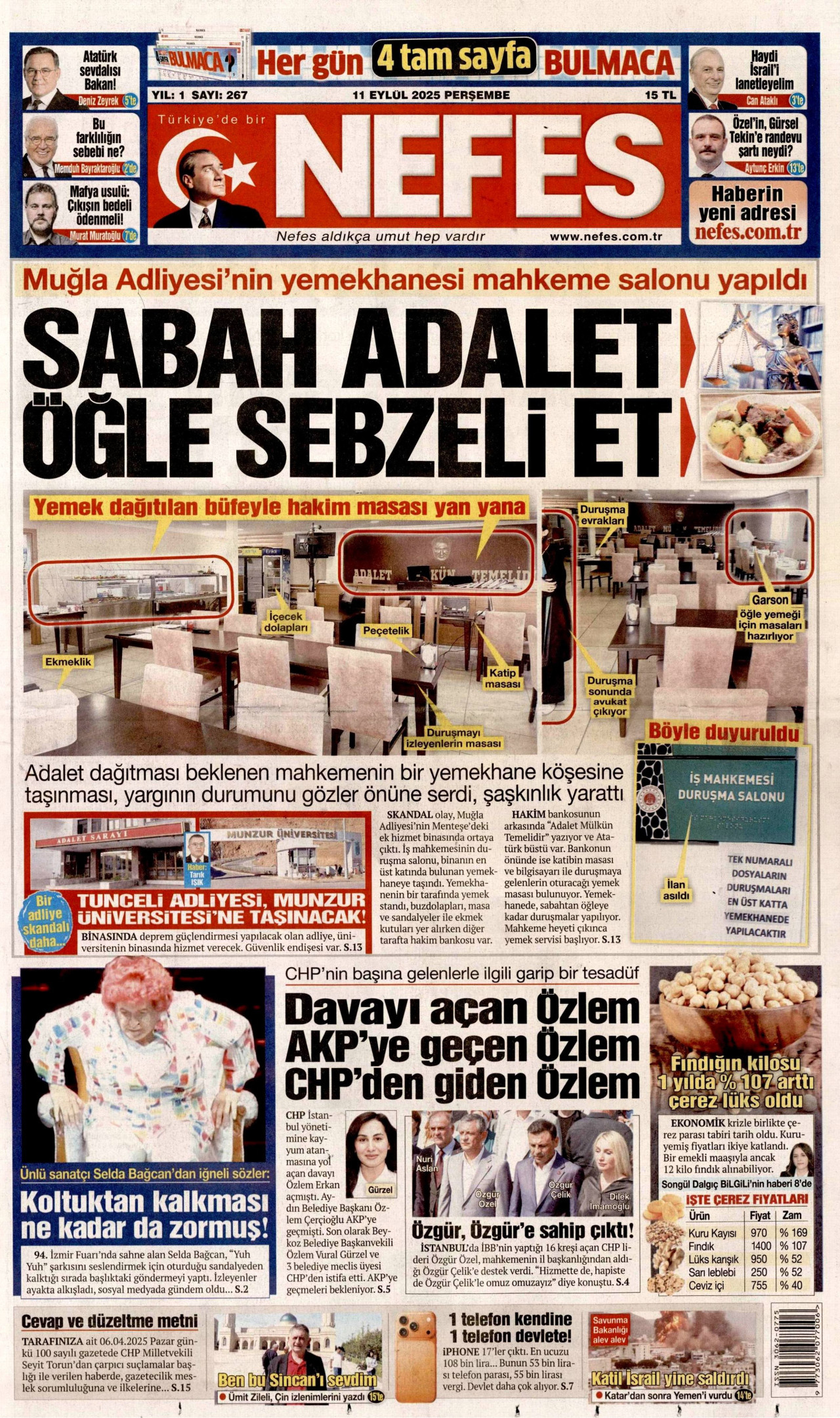 NEFES gazetesinin 11 Eylül 2025 tarihli birinci sayfası