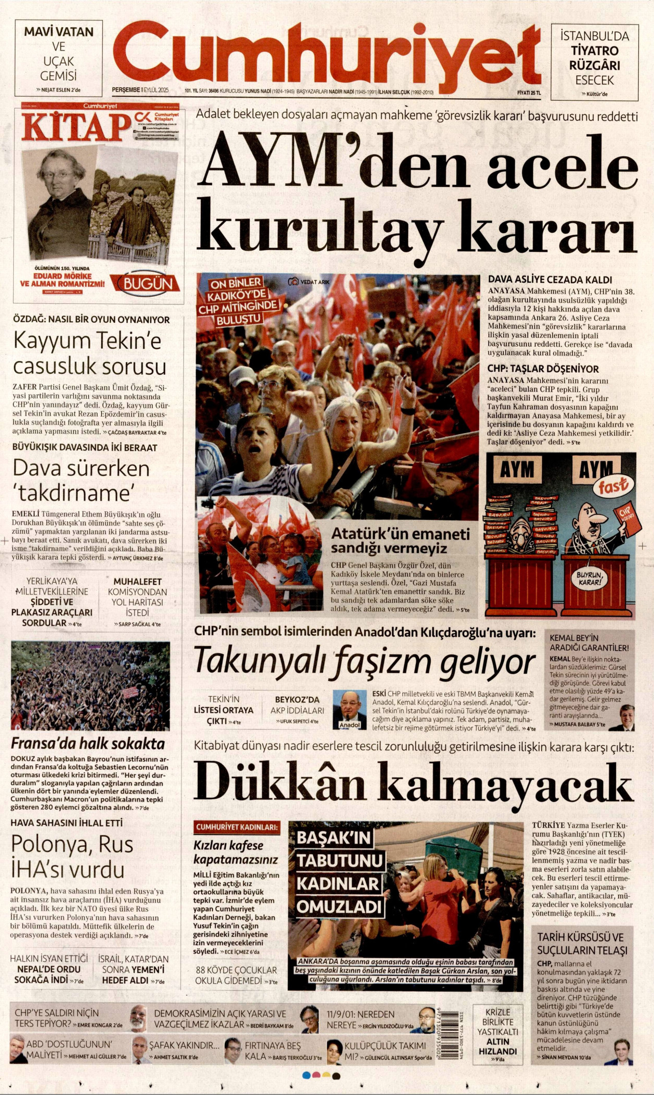 CUMHURİYET gazetesinin 11 Eylül 2025 tarihli birinci sayfası
