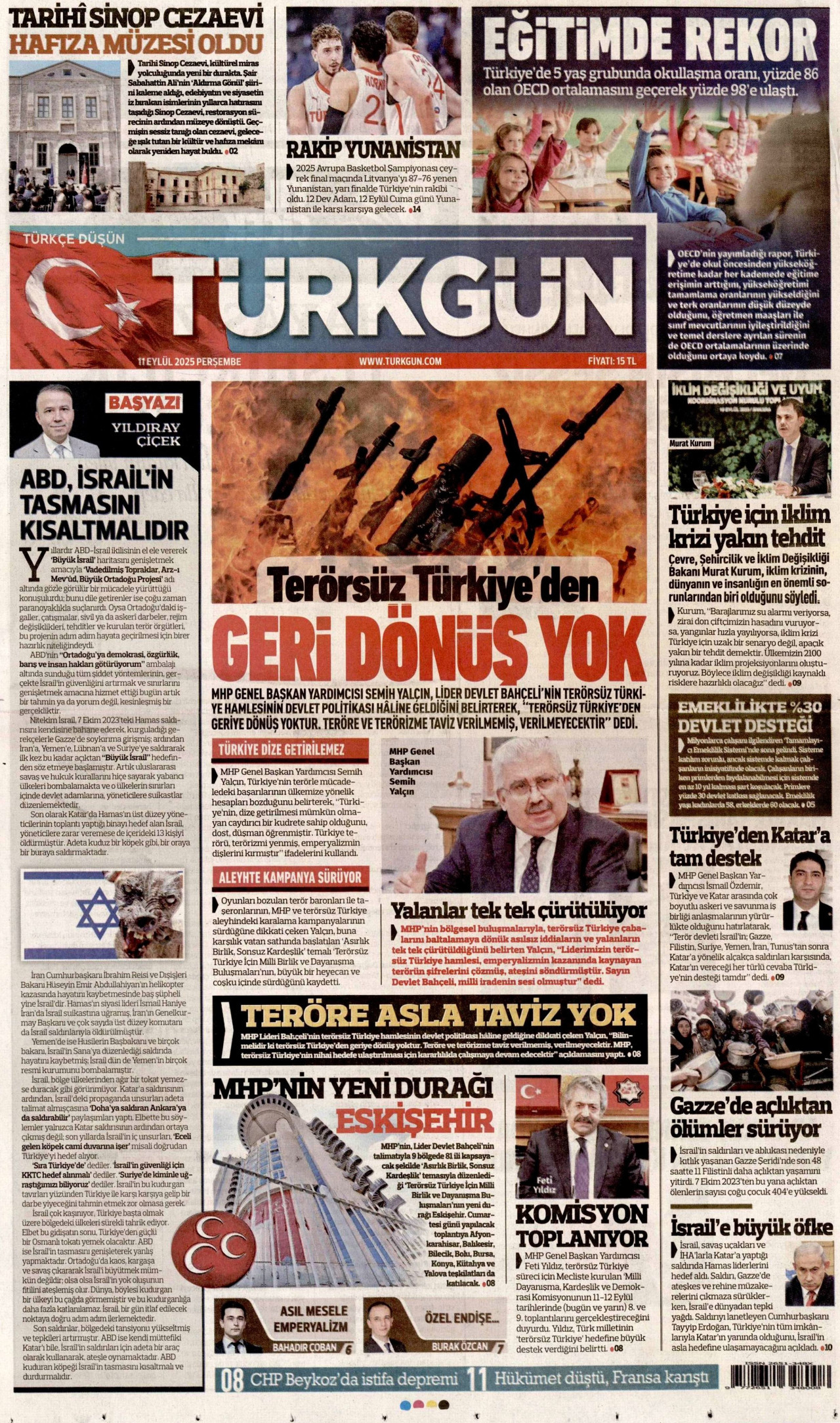 TÜRKGÜN gazetesinin 11 Eylül 2025 tarihli birinci sayfası