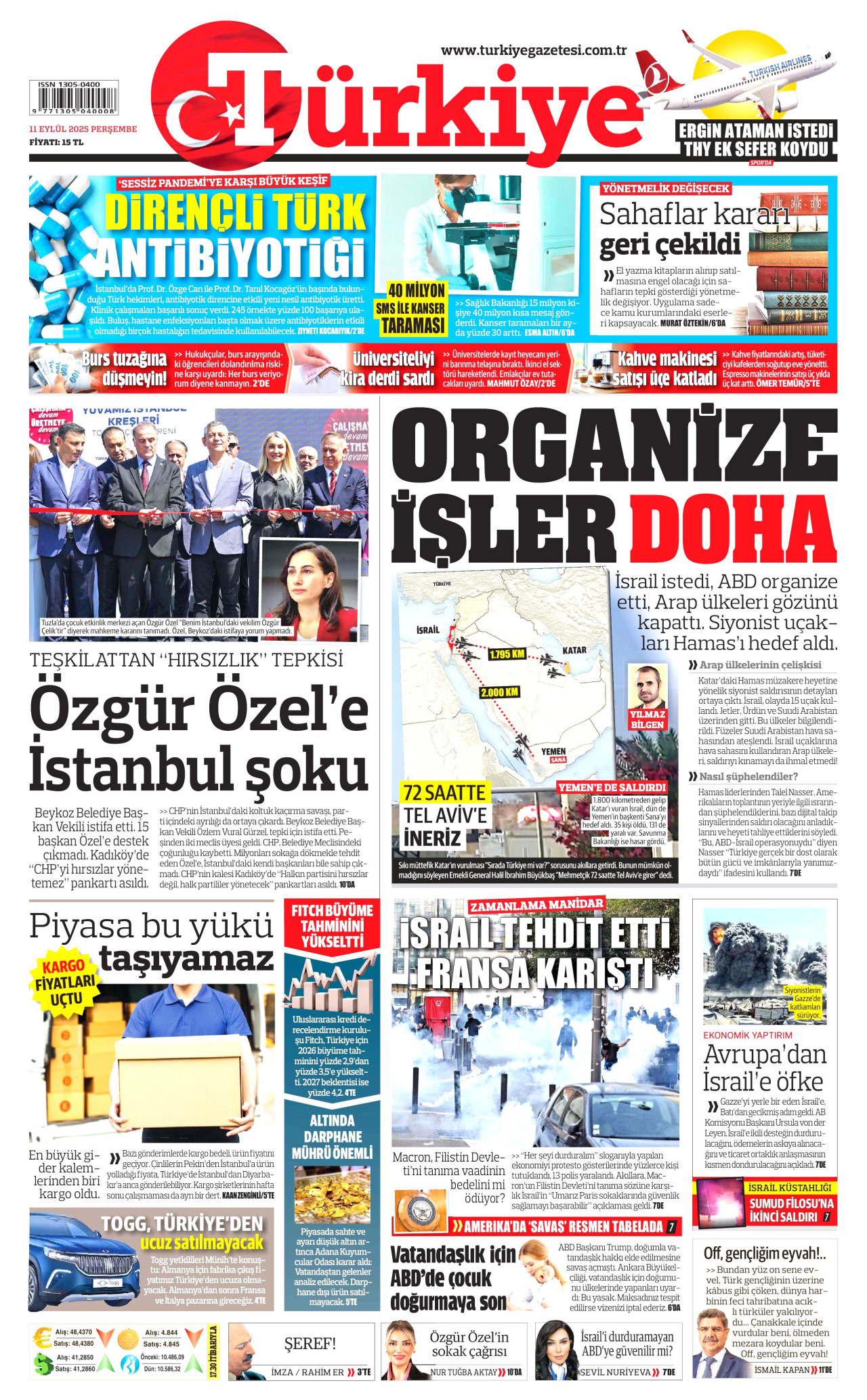 TÜRKİYE GAZETESİ gazetesinin 11 Eylül 2025 tarihli birinci sayfası