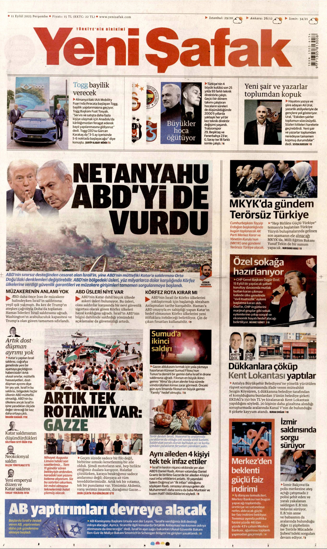 YENİ ŞAFAK gazetesinin 11 Eylül 2025 tarihli birinci sayfası