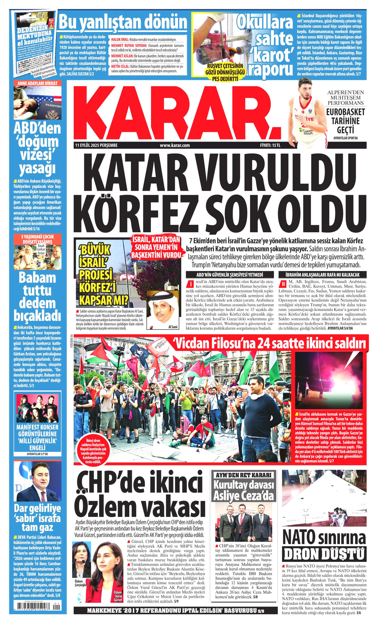 KARAR gazetesinin 11 Eylül 2025 tarihli birinci sayfası
