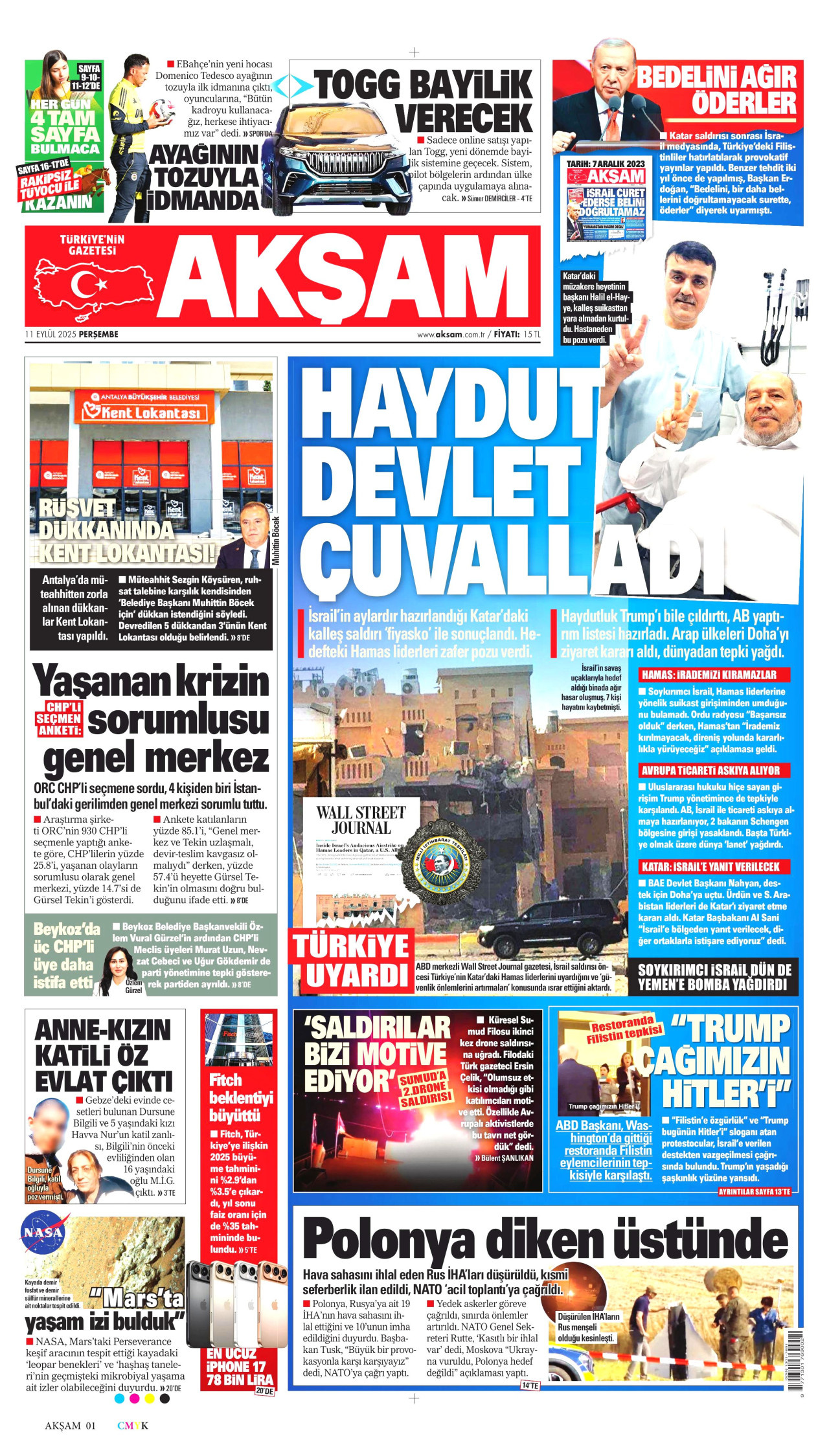 AKŞAM gazetesinin 11 Eylül 2025 tarihli birinci sayfası