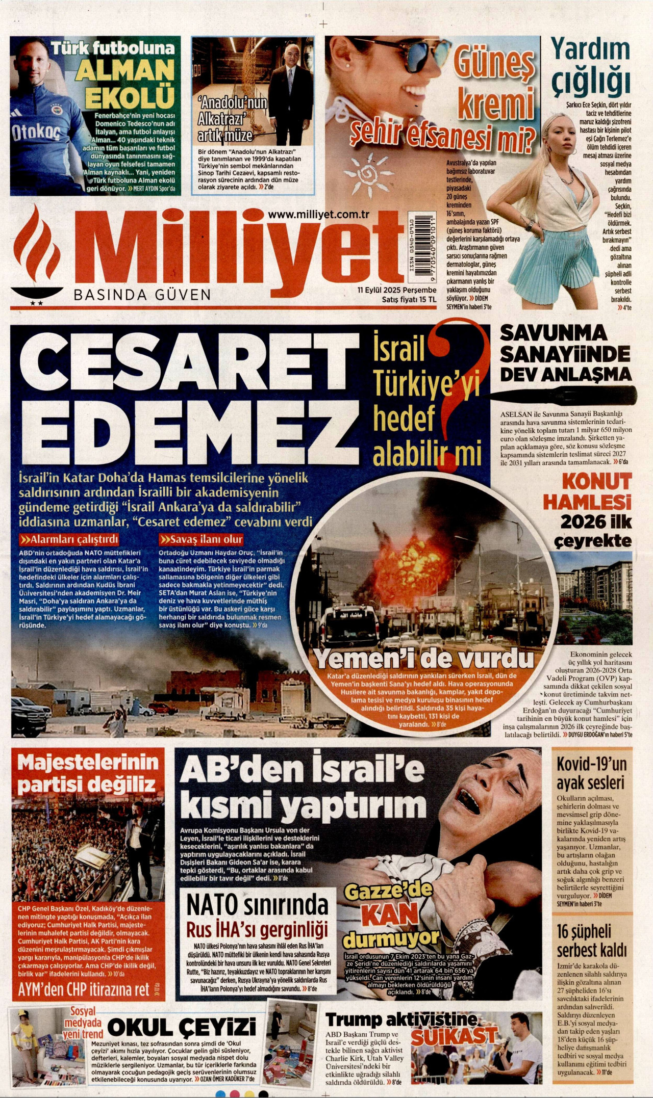 MİLLİYET gazetesinin 11 Eylül 2025 tarihli birinci sayfası