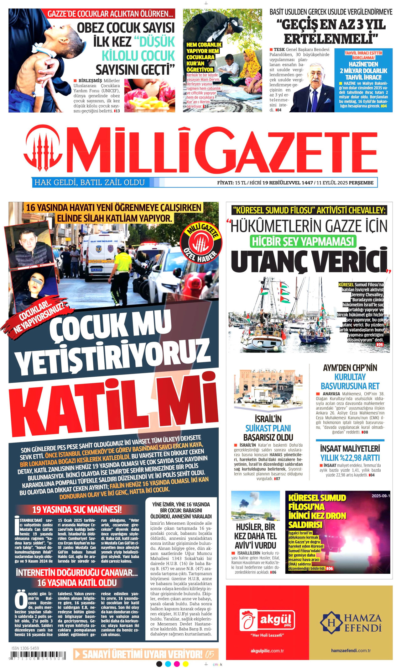 MİLLİ GAZETE gazetesinin 11 Eylül 2025 tarihli birinci sayfası