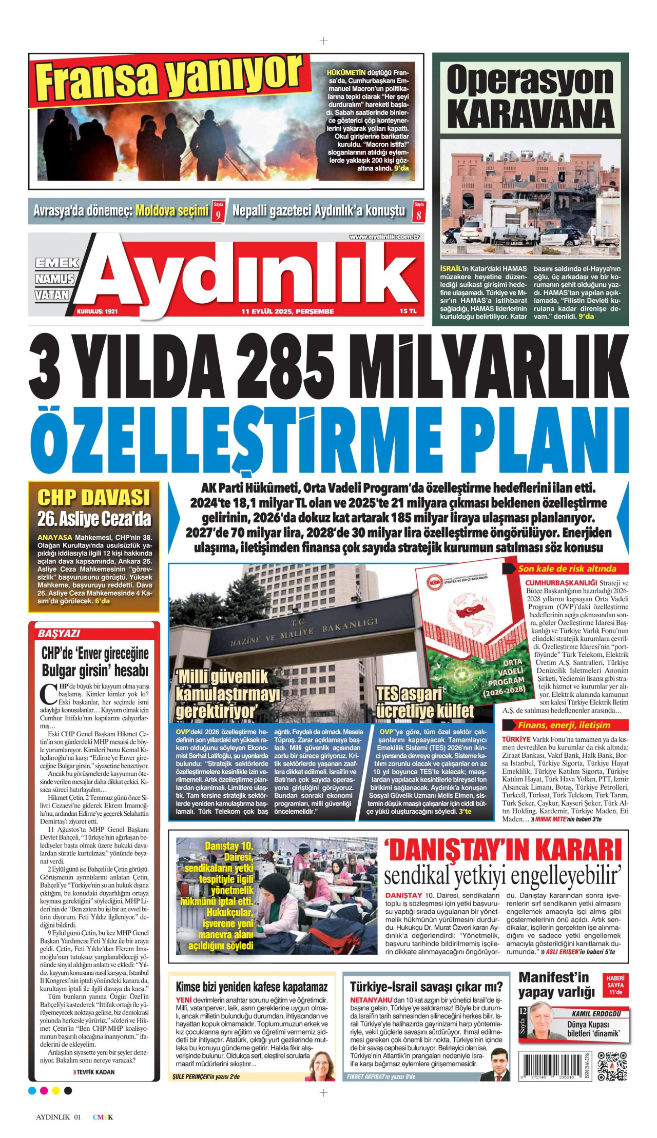 AYDINLIK GAZETESİ gazetesinin 11 Eylül 2025 tarihli birinci sayfası