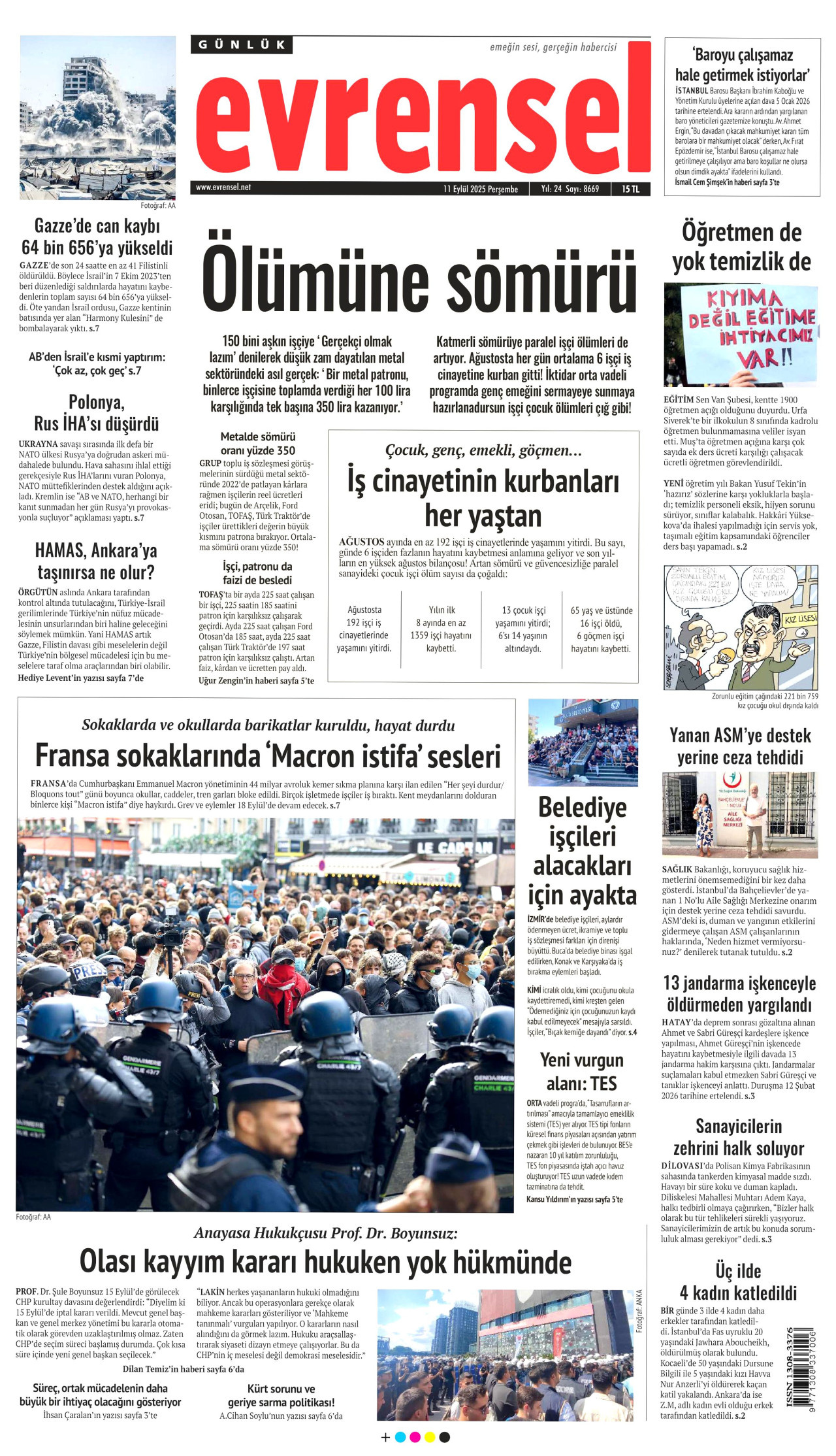 EVRENSEL gazetesinin 11 Eylül 2025 tarihli birinci sayfası