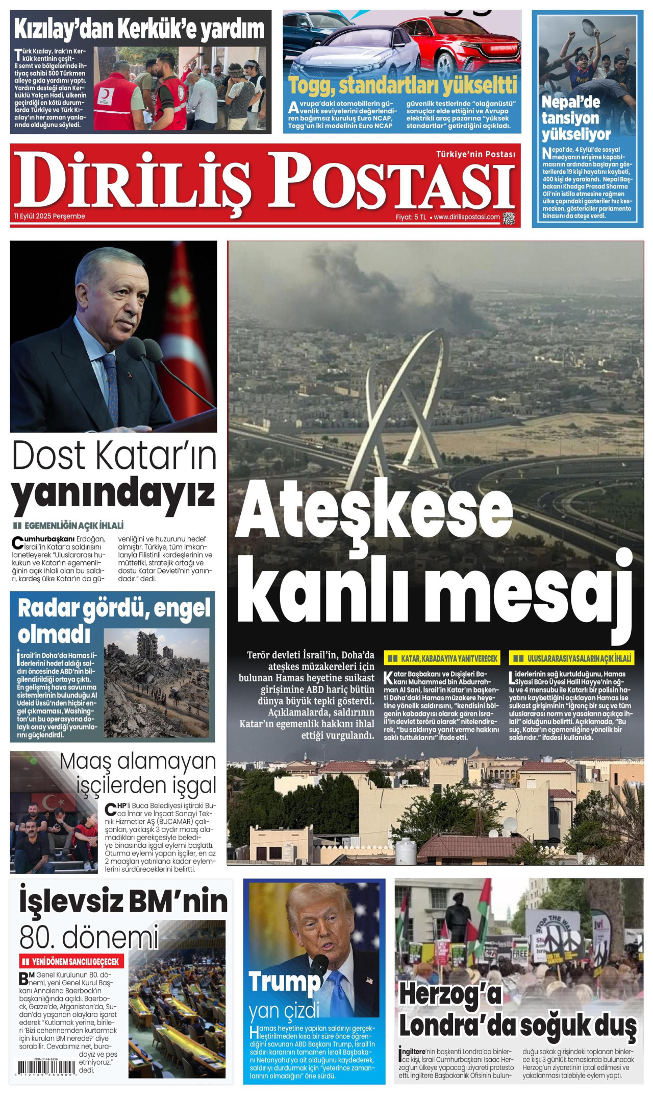 DİRİLİŞ POSTASI gazetesinin 11 Eylül 2025 tarihli birinci sayfası