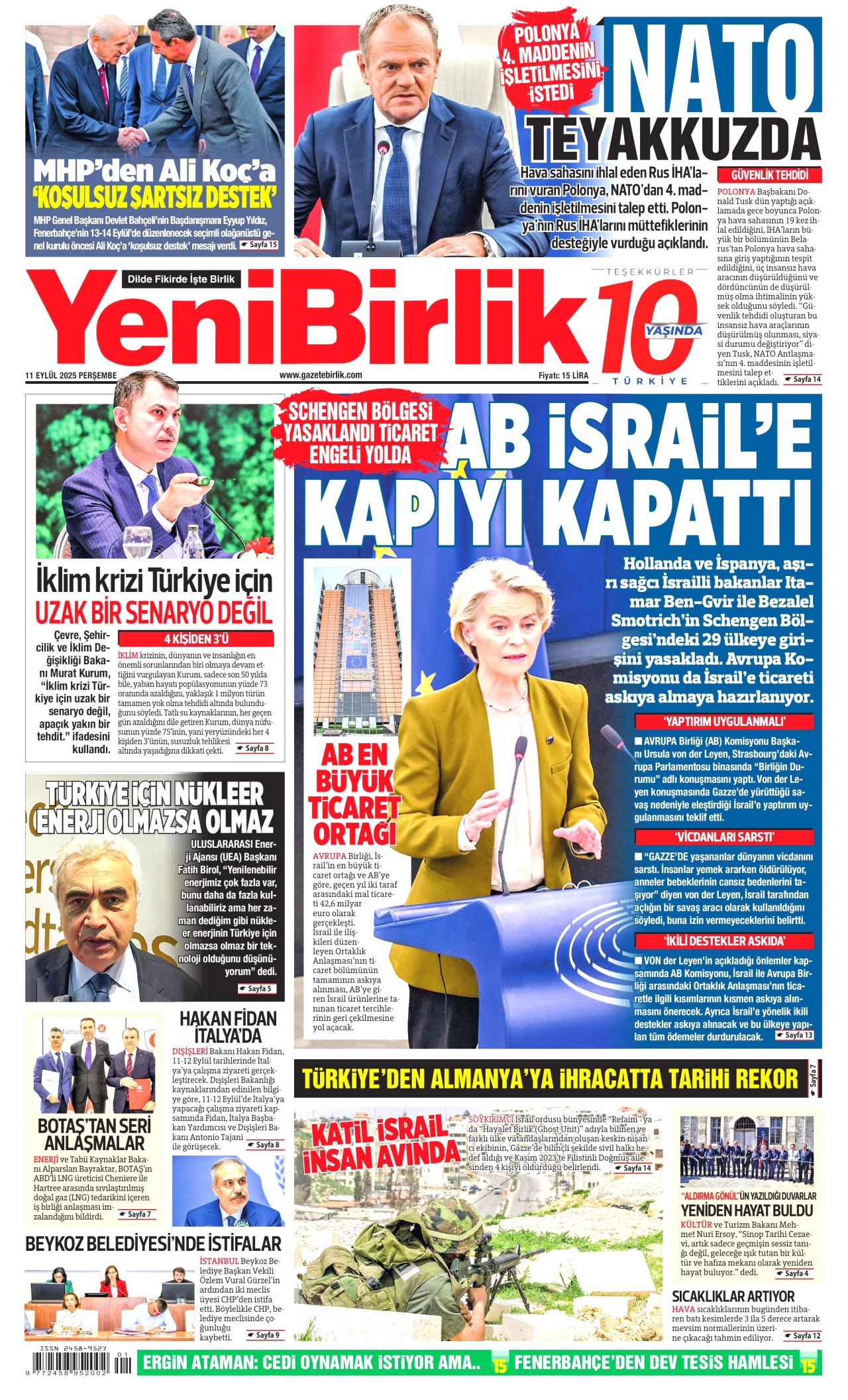 YENİBİRLİK gazetesinin 11 Eylül 2025 tarihli birinci sayfası