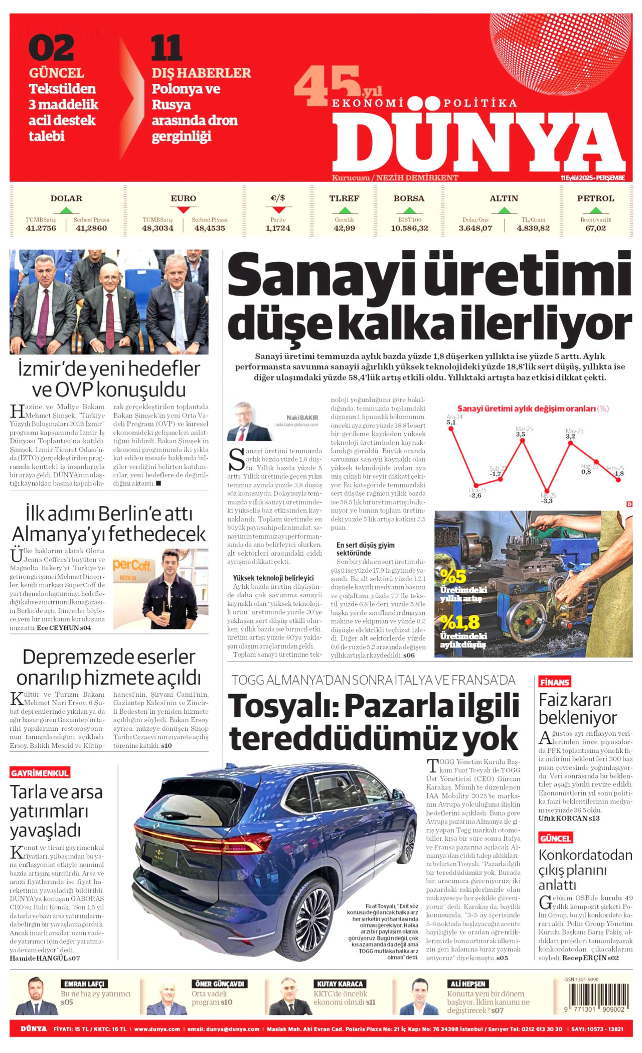 DÜNYA gazetesinin 11 Eylül 2025 tarihli birinci sayfası