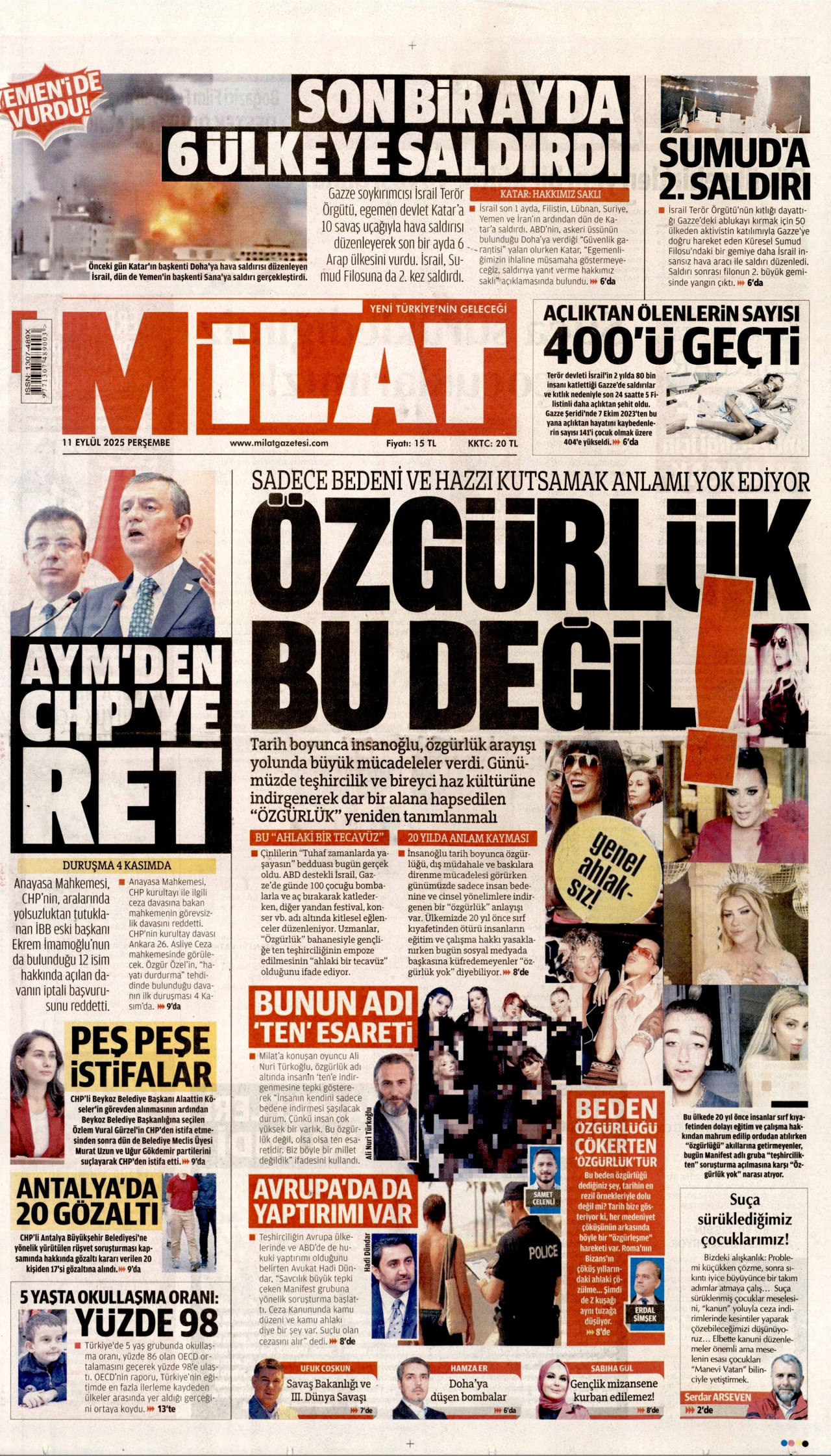 MİLAT gazetesinin 11 Eylül 2025 tarihli birinci sayfası