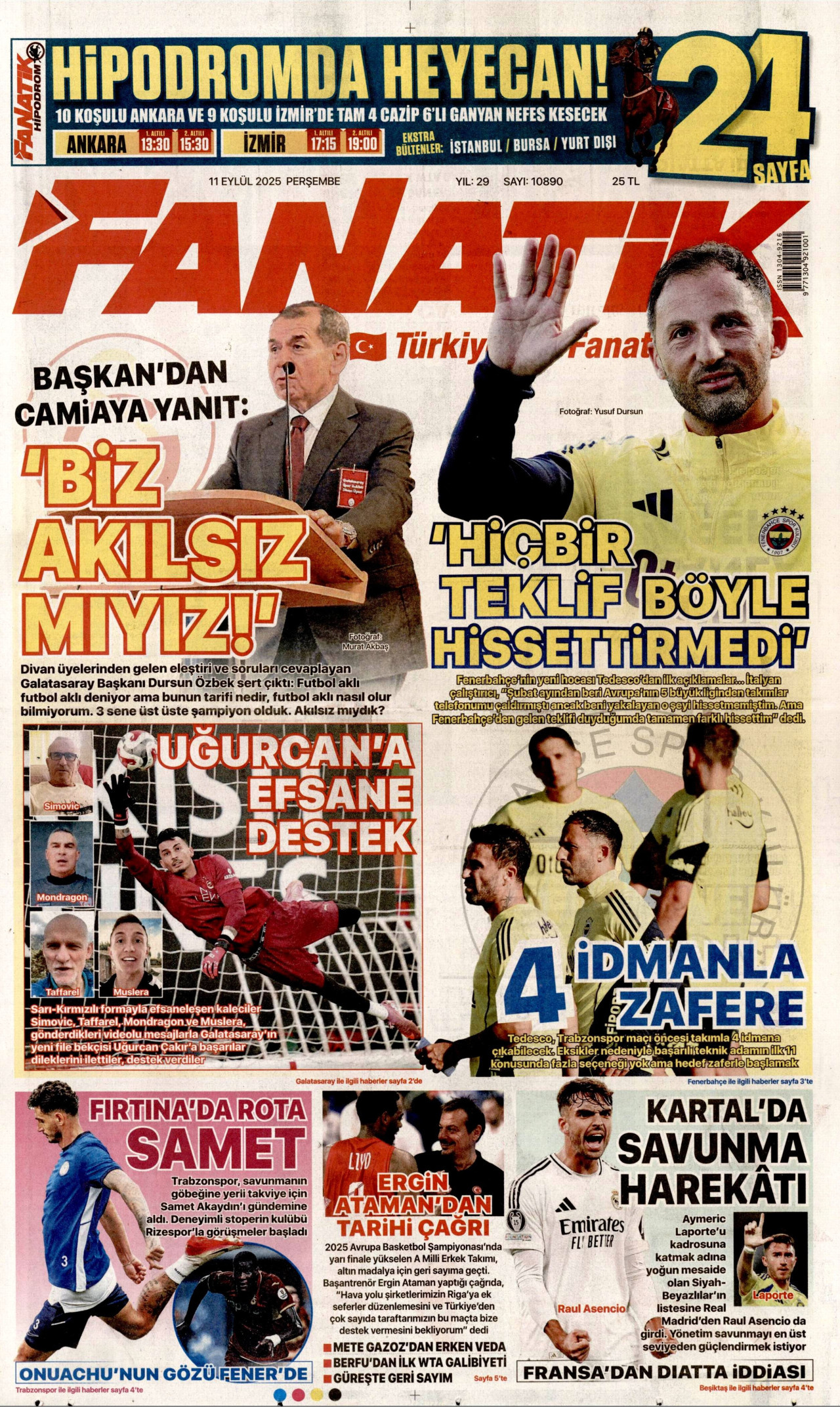 FANATİK gazetesinin 11 Eylül 2025 tarihli birinci sayfası