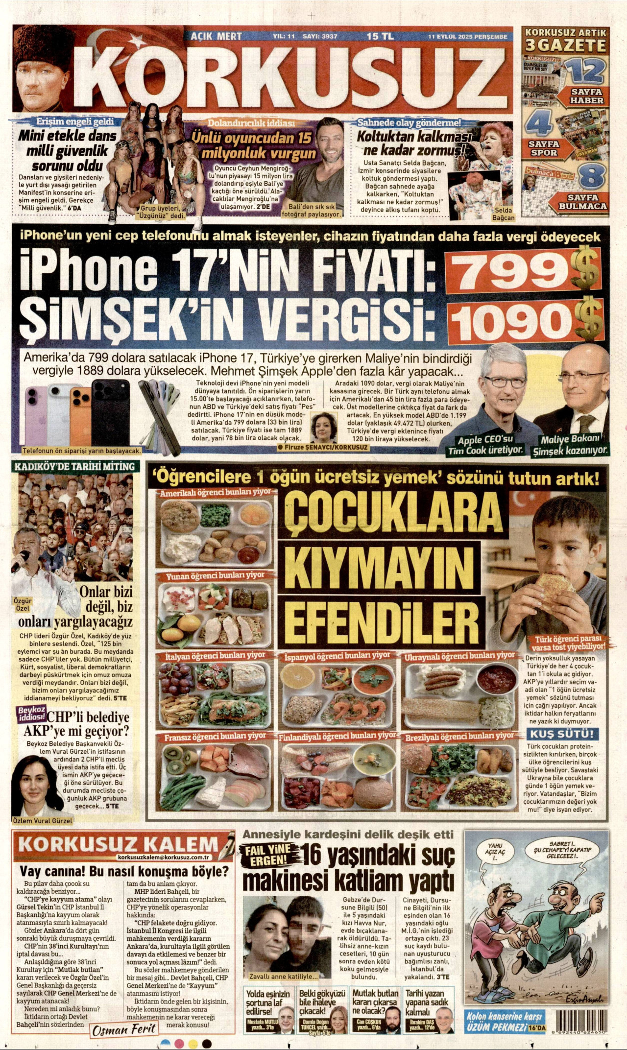 KORKUSUZ gazetesinin 11 Eylül 2025 tarihli birinci sayfası
