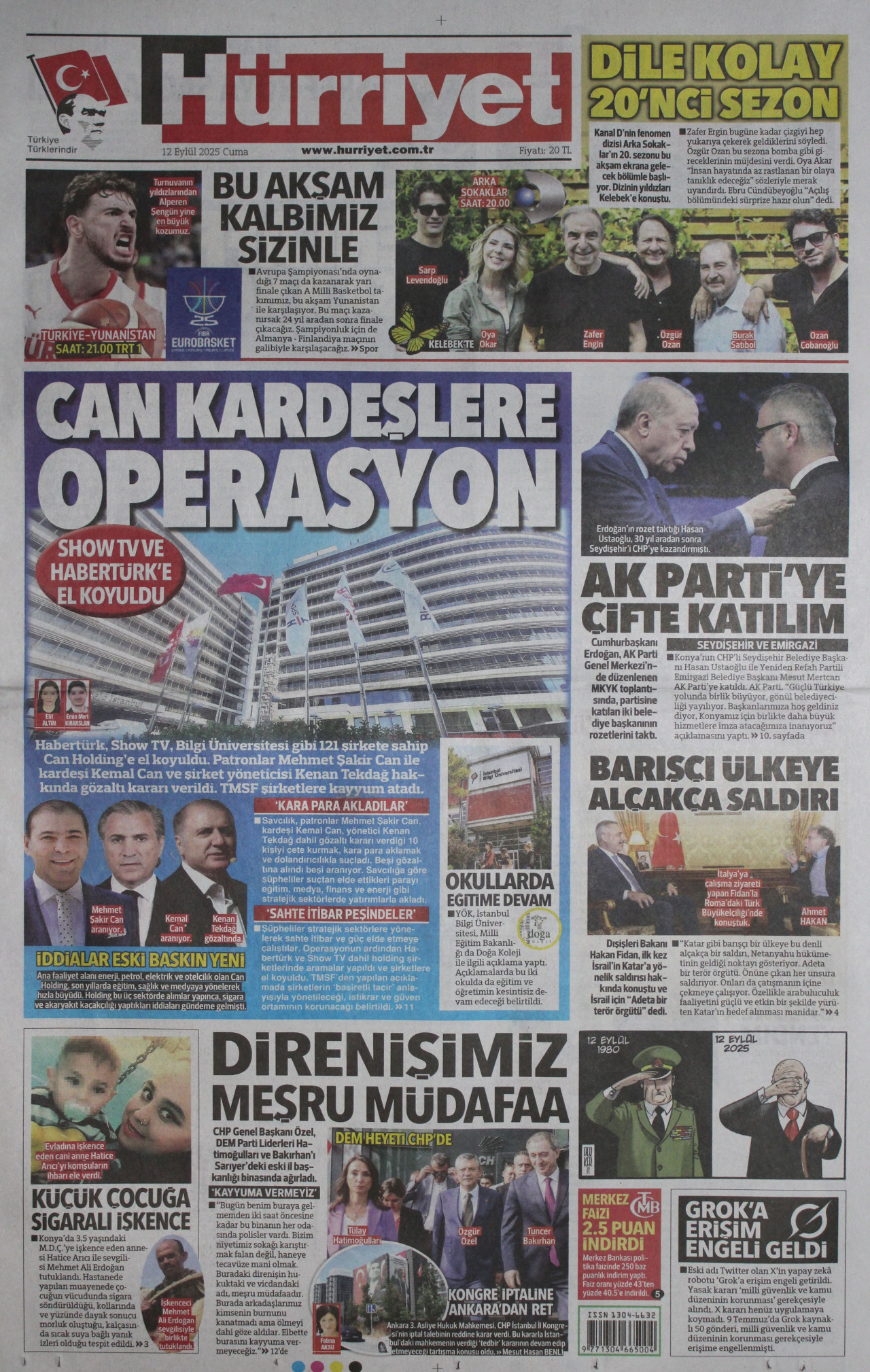 HÜRRİYET gazetesinin 12 Eylül 2025 tarihli birinci sayfası