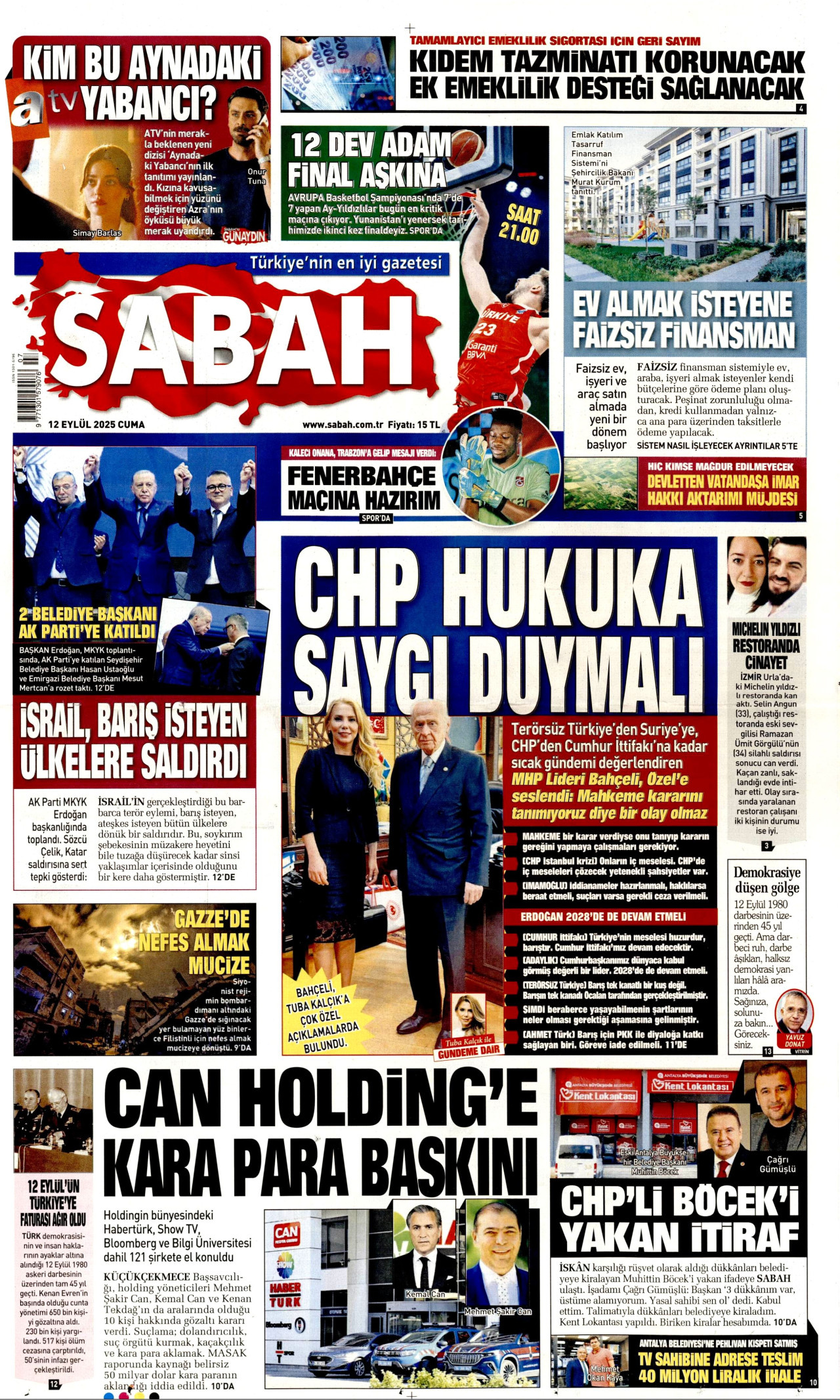 SABAH gazetesinin 12 Eylül 2025 tarihli birinci sayfası