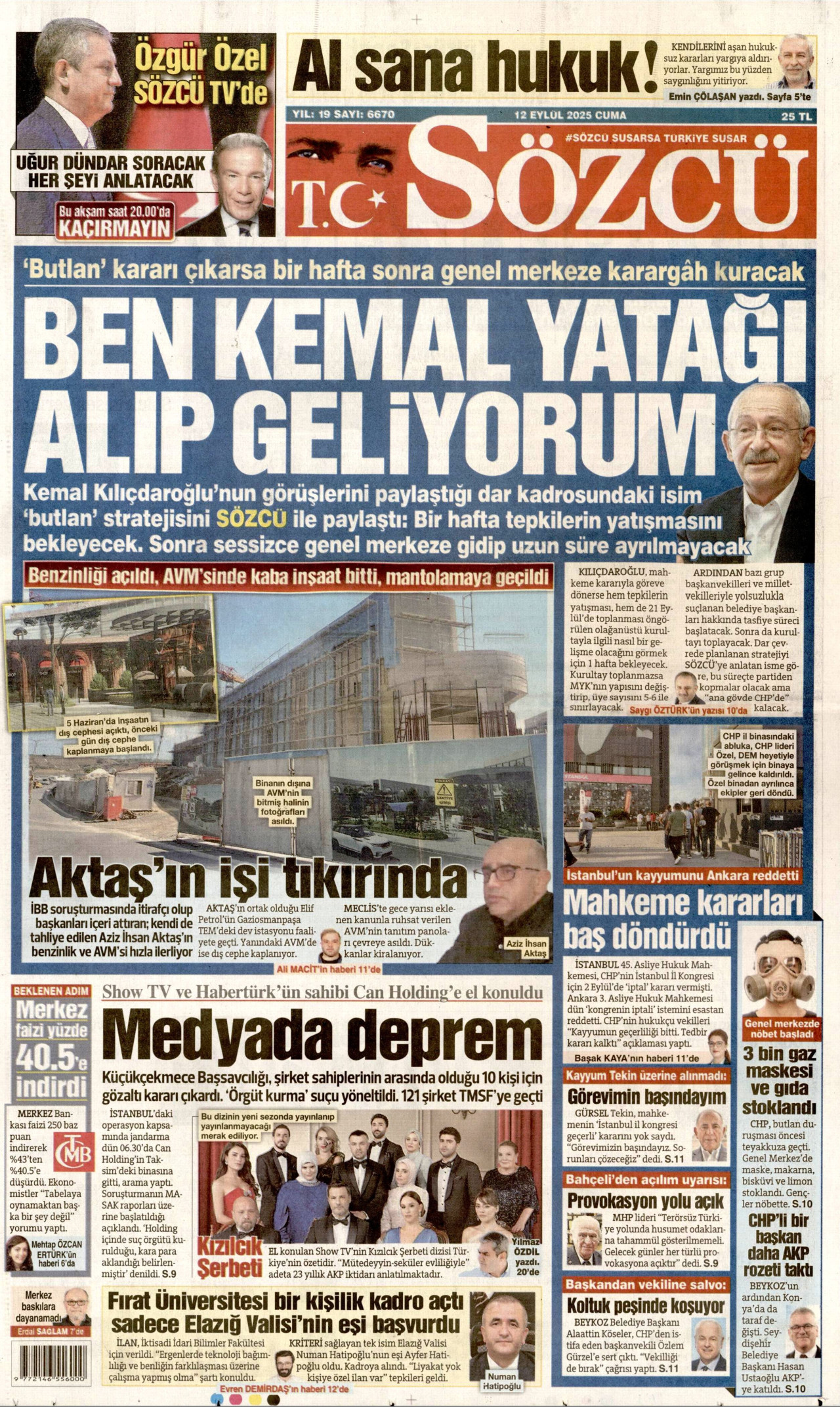 SÖZCÜ gazetesinin 12 Eylül 2025 tarihli birinci sayfası
